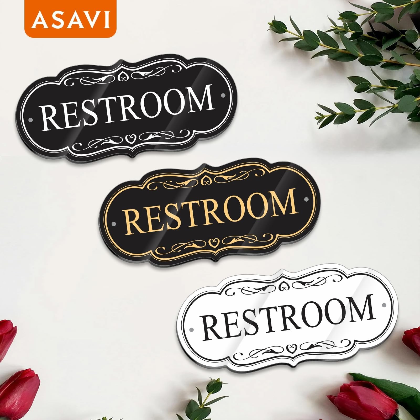 Restroom Sign 8×3.5 Inch Waterproof Acrylic Adhesive Black Gold