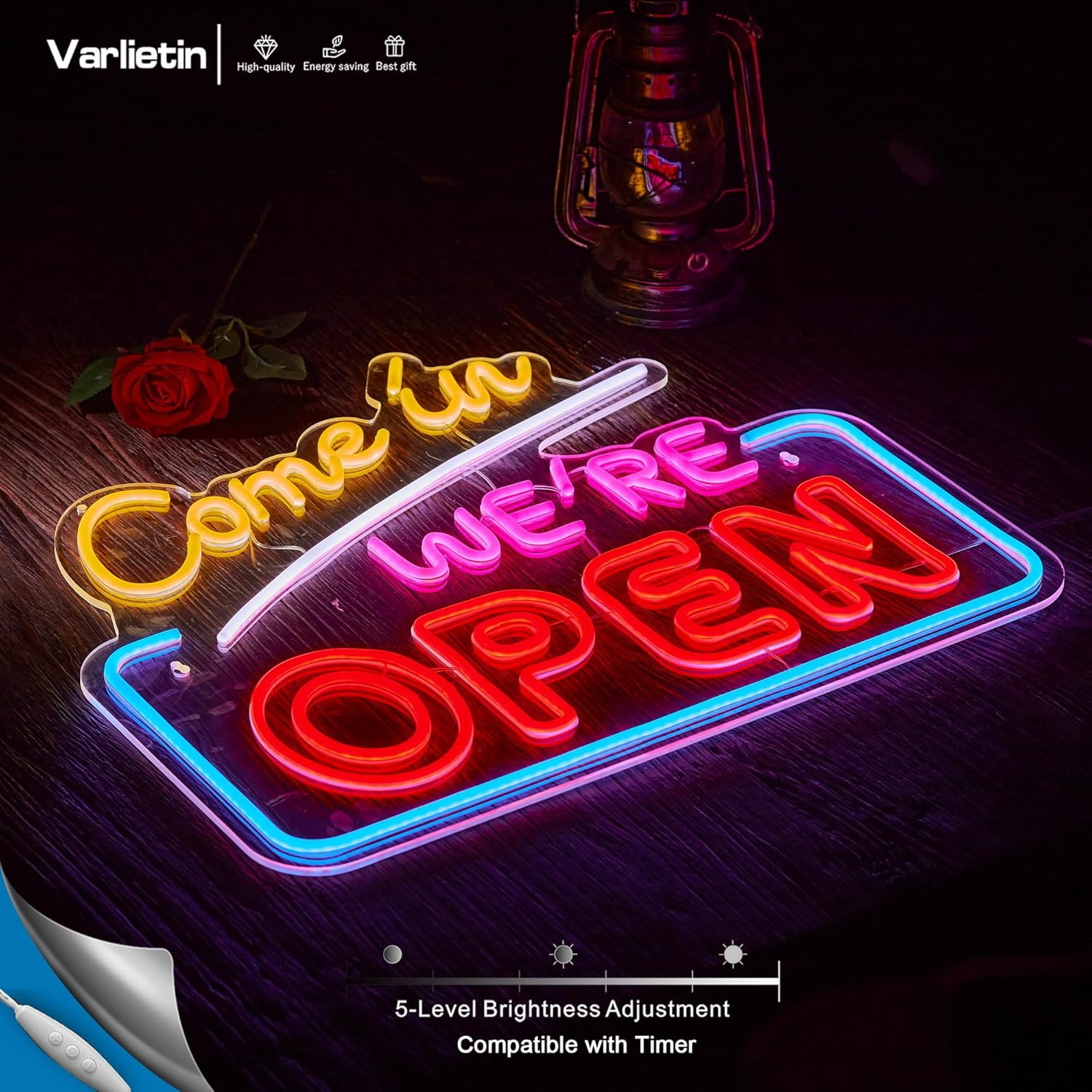 Bright Large Neon « Come In We&rsquo;re Open » Sign for Café, Shop, Bar, Restaurant