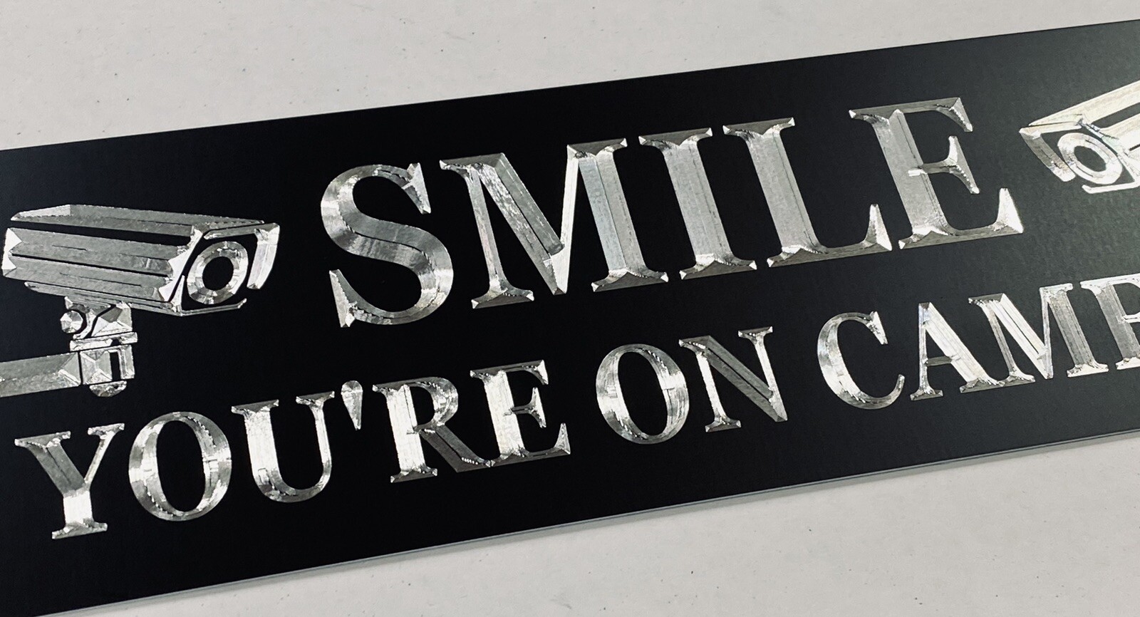 Smile You’re On Camera No Soliciting Diamond Etched Aluminum Metal 12×4 Sign