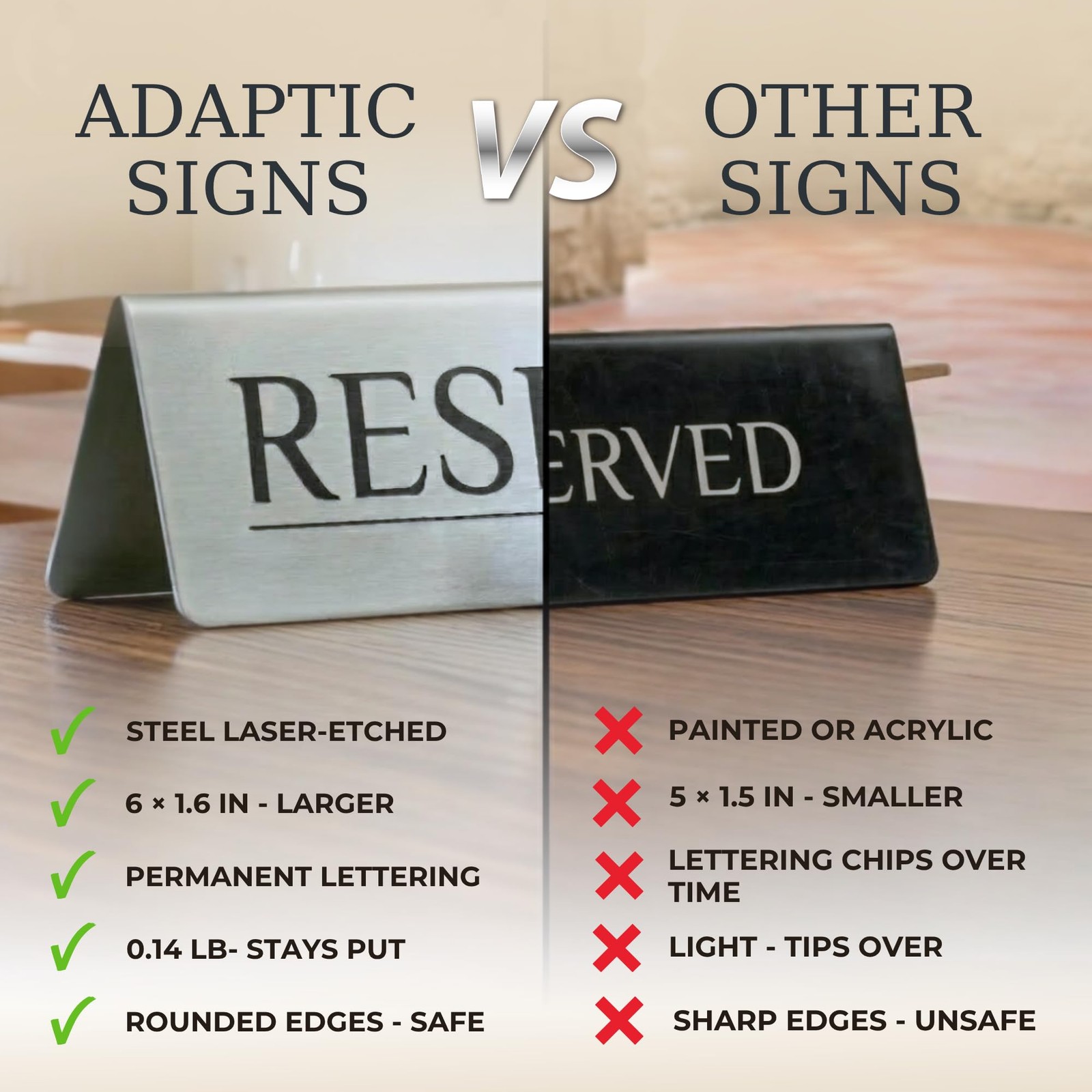 6 PCS Reserved Table Signs Raised Black Letter Brushed Matte Steel 61.6 Inch