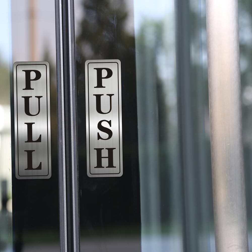 Metal Stainless Steel push pull signs door Self Adhesive 5.5×1.7in (Classic)