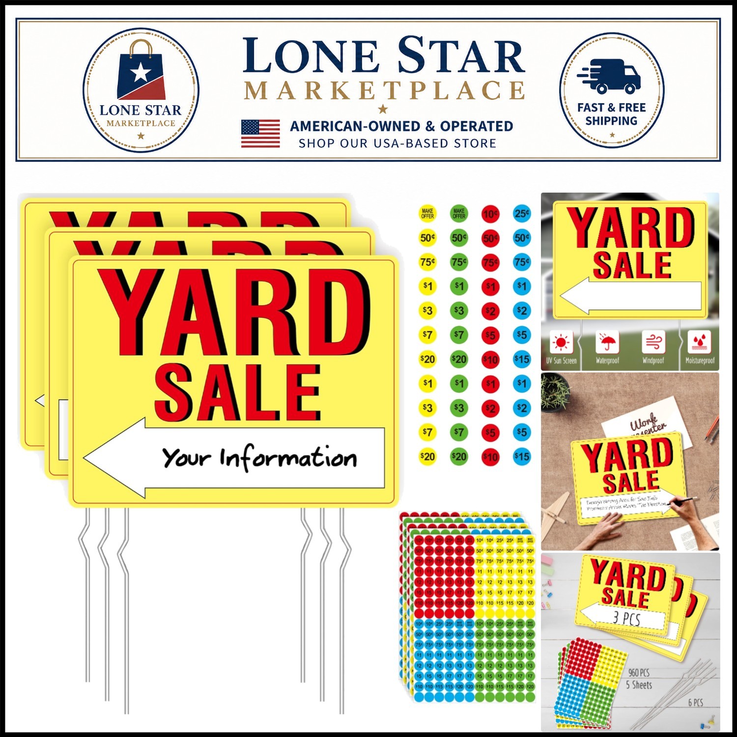 Eye-Catching Yellow Yard Sale Signs with Directional Arrows – 3PCS Complete Set