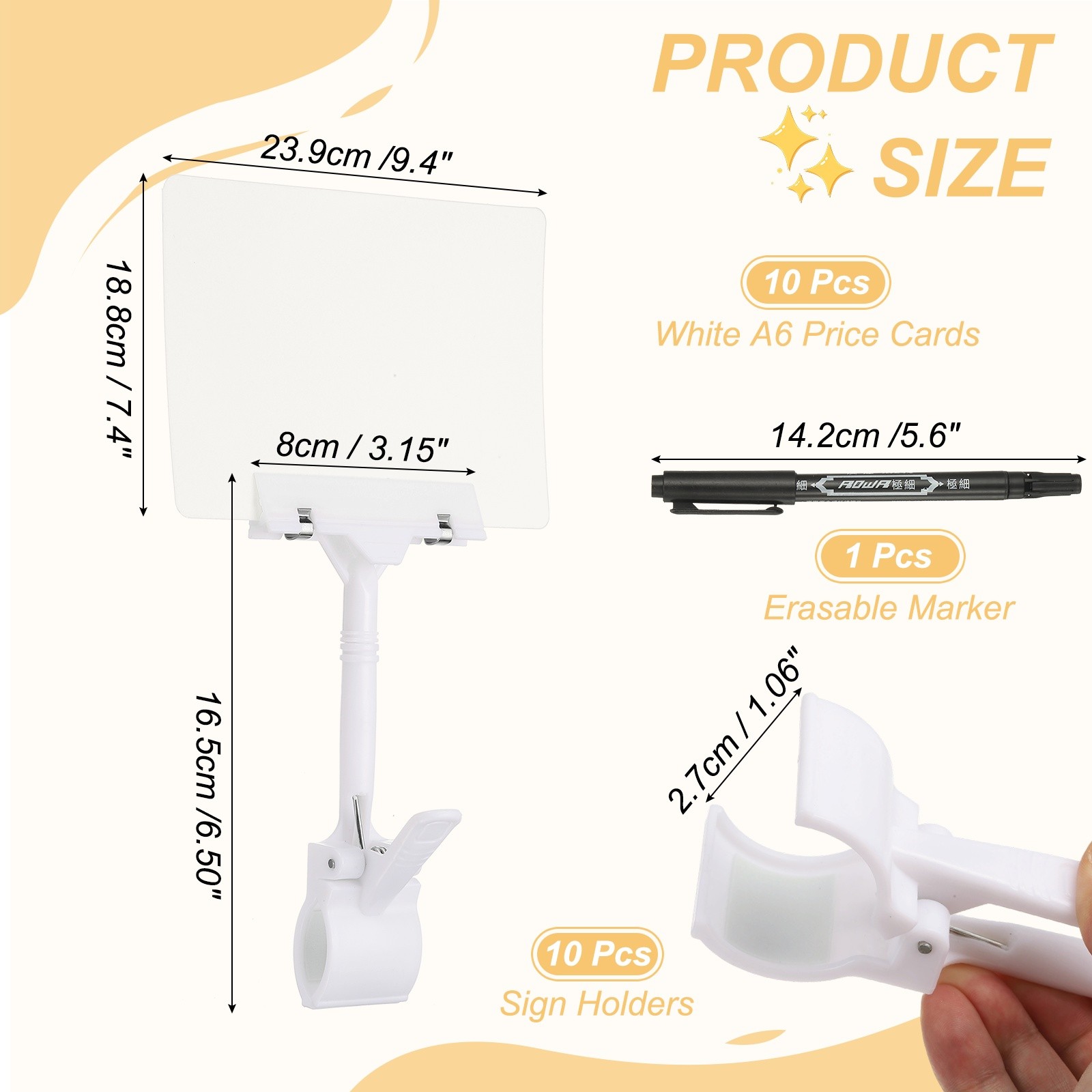 10 Pcs Sign Holders with White A6 Plastic Cards & Erasable Marker, White