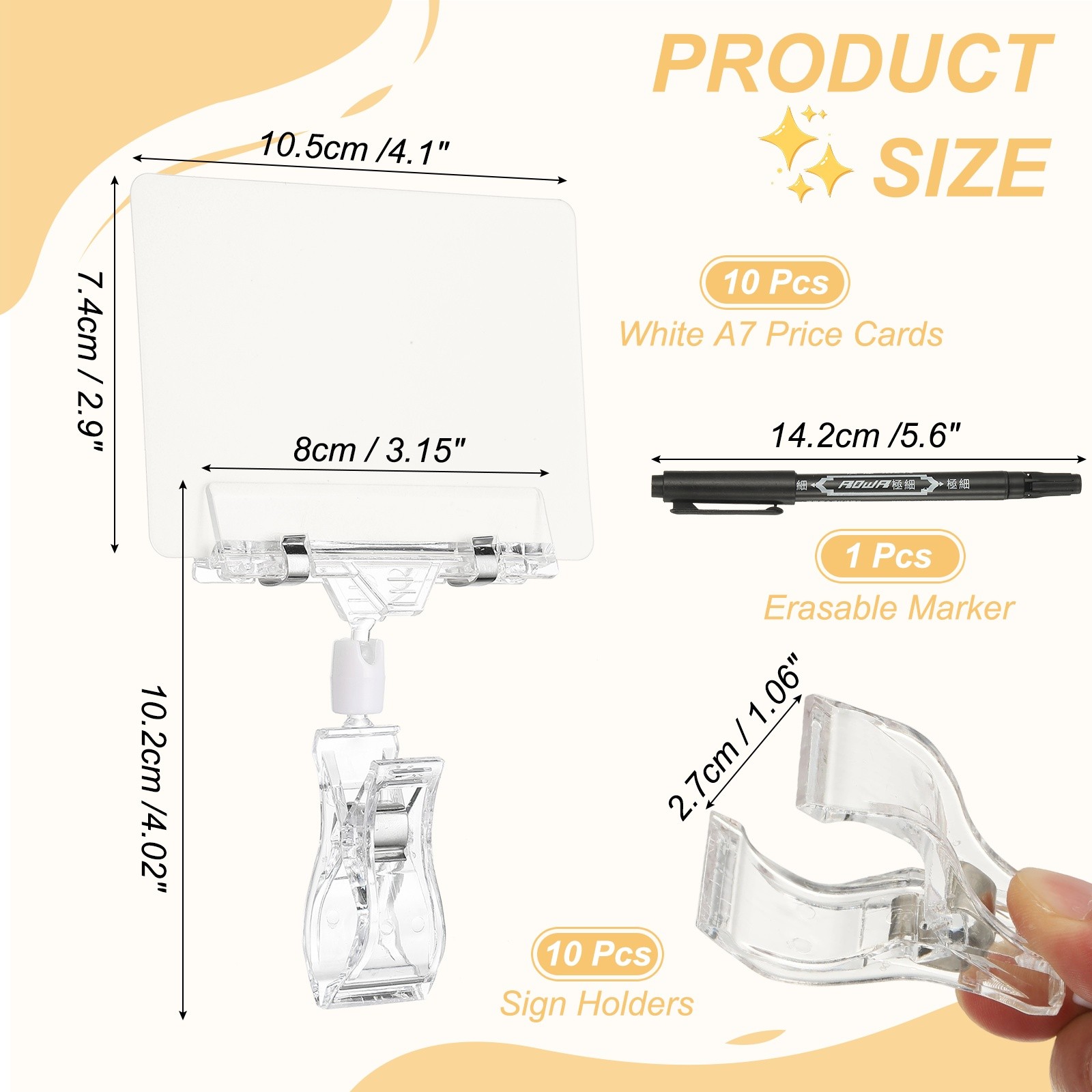 10 Pcs Sign Holders with White A7 Plastic Cards & Erasable Marker, Transparent