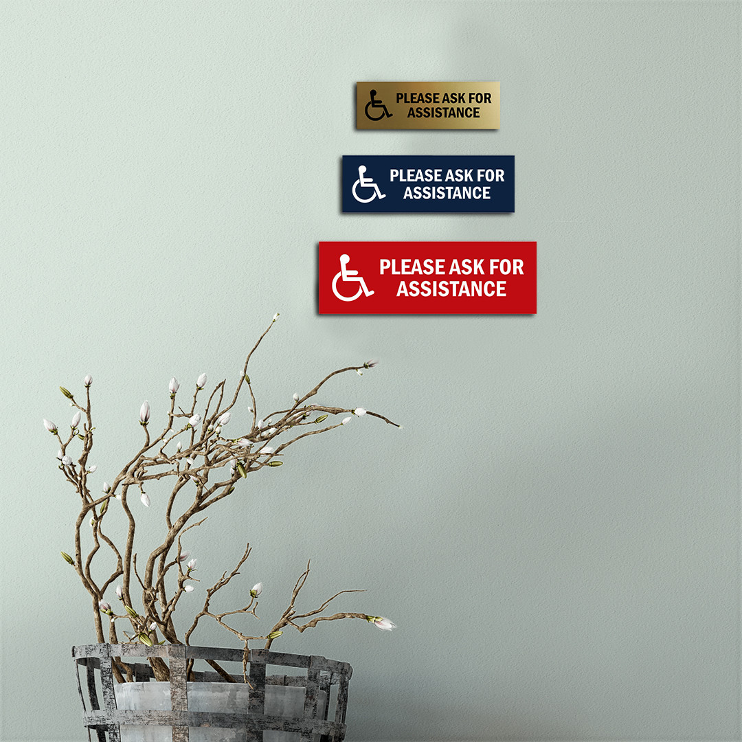Basic Wheelchair Please Ask For Assistance Sign (Blue) – Large 3×9&Prime;