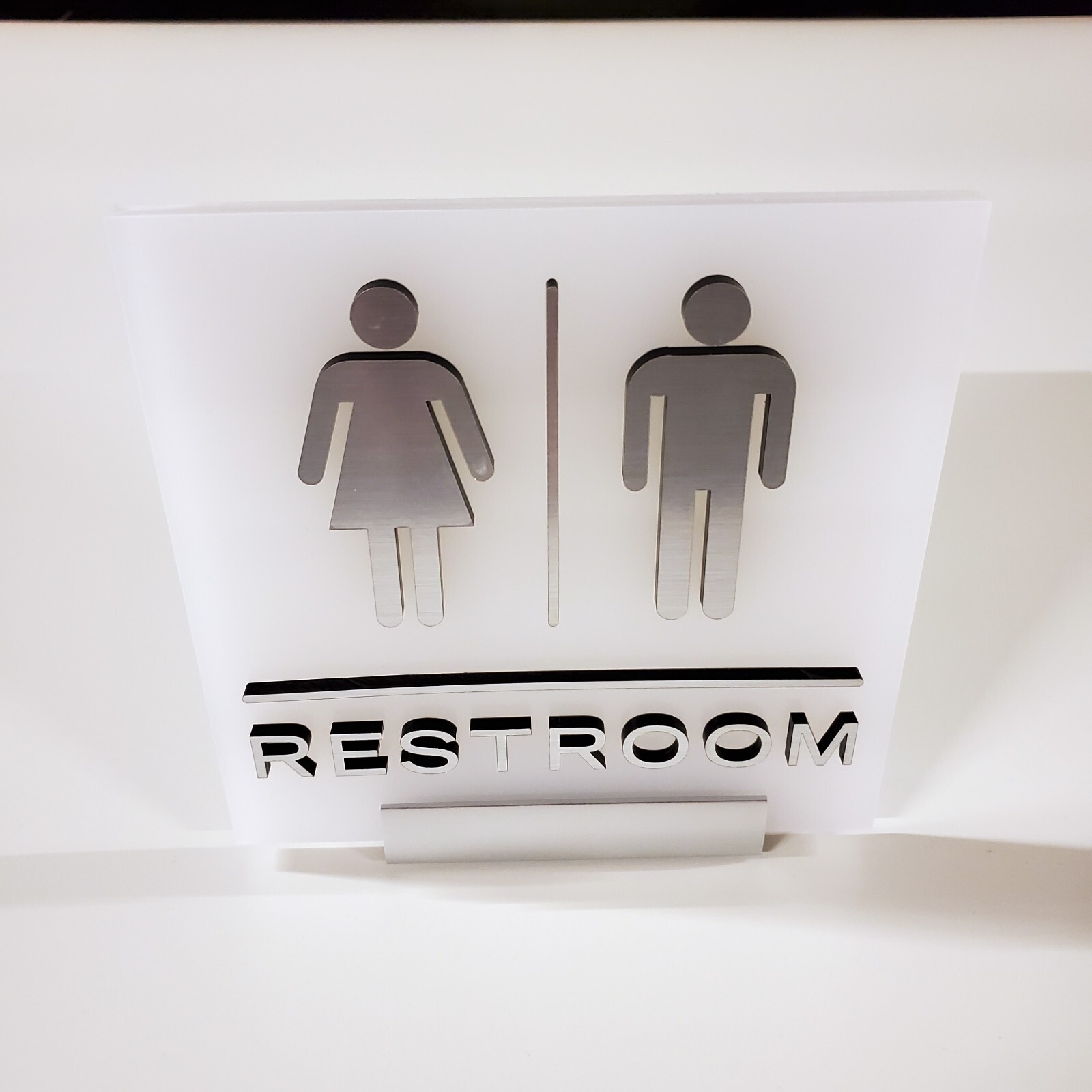 Frosted Acrylic 3D Brushed Chrome Unisex Restroom Sign 8×8&Prime; w/Mount MADE IN USA!