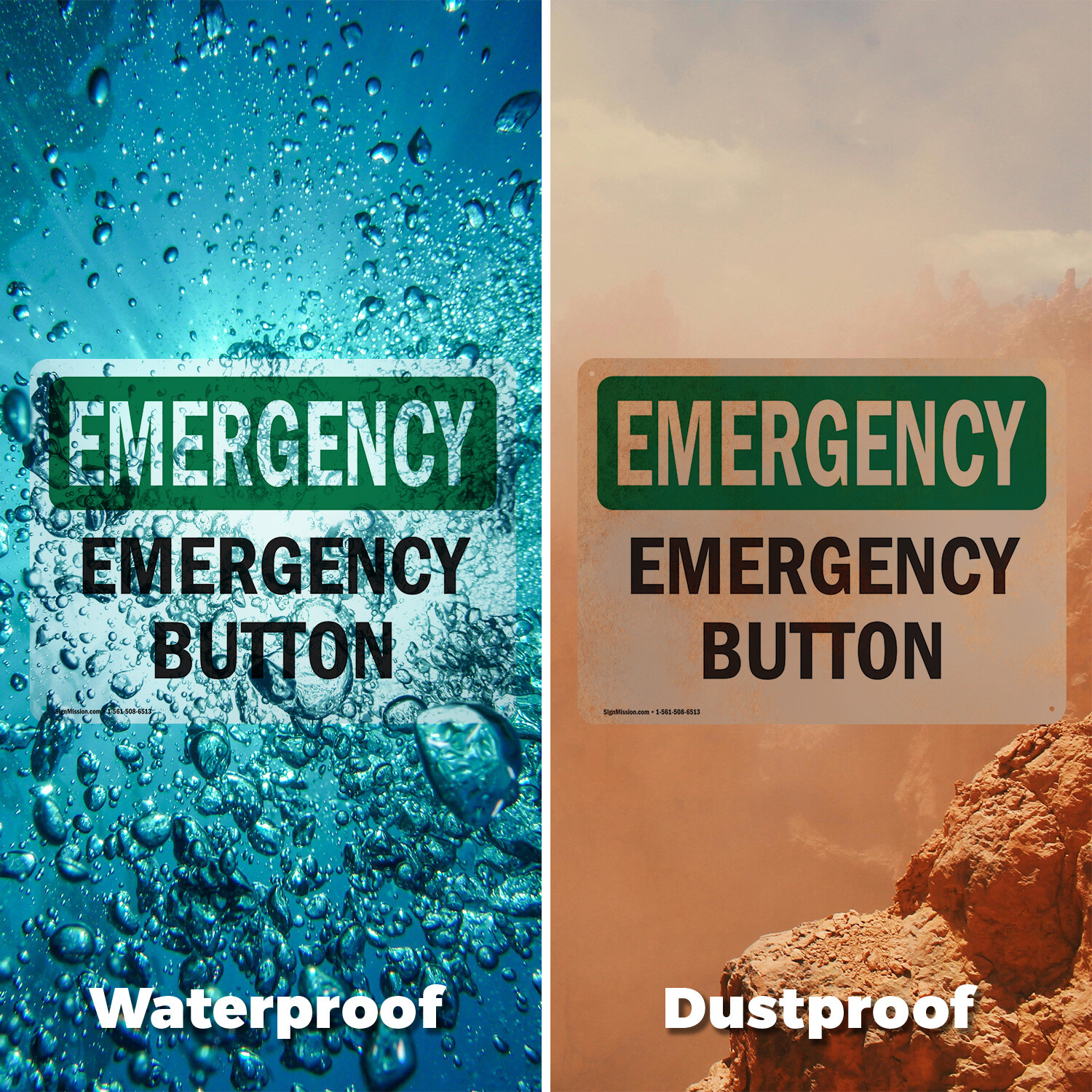 (2 Pack) Button OSHA Emergency Sign Decal Metal Plastic