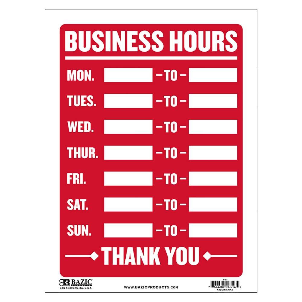 BAZIC 9&Prime; X 12&Prime; Business Hours Sign, pack of 24