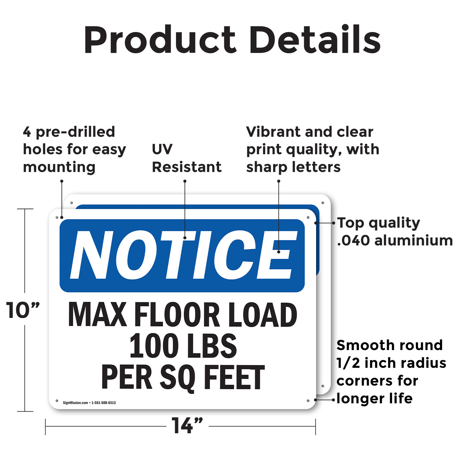 (2 Pack) Max Floor Load 100 Lbs Per Sq Foot OSHA Notice Sign Decal Metal Plastic