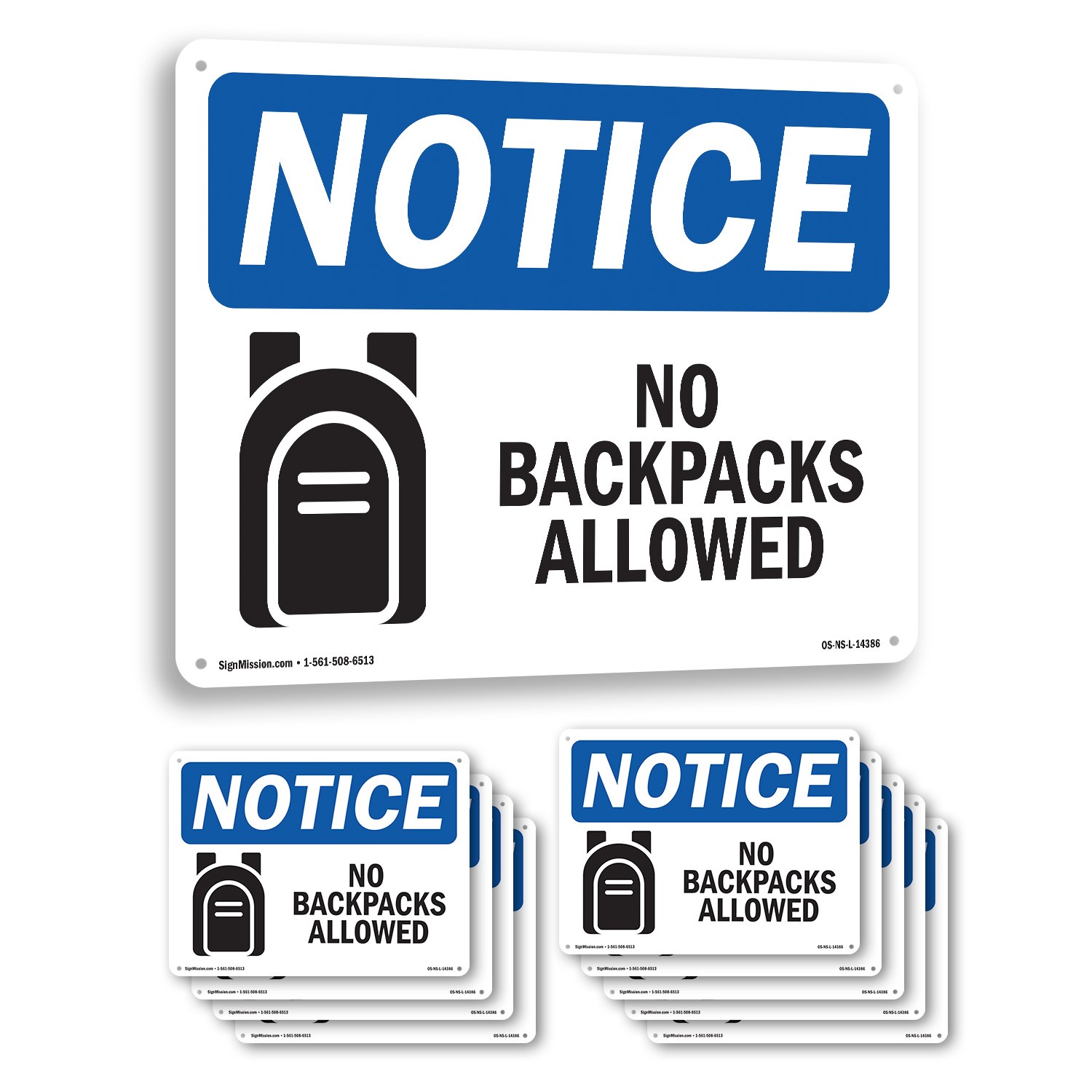 No Backpacks Allowed OSHA Notice Sign Metal, Plastic, Or Decal – 5 or 10 Pack