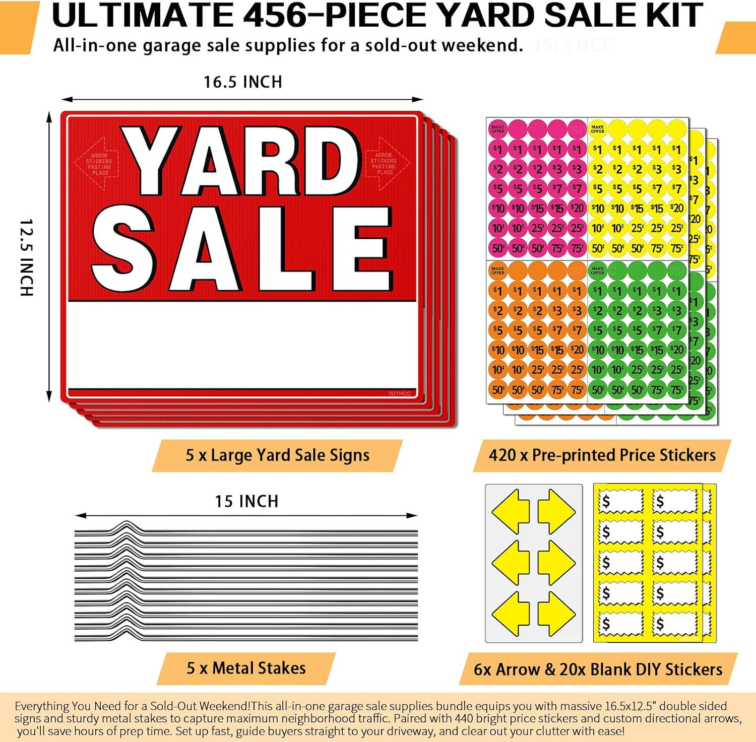 5-Pack Yard Sale Signs with Metal Stakes & 440 Price Stickers – Large 17X13&Prime; Dou