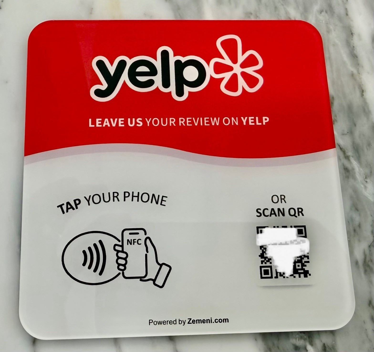 Yelp Leave Us Your Review plaque Door sign/table top QR Code &NFC by Zemeni.com