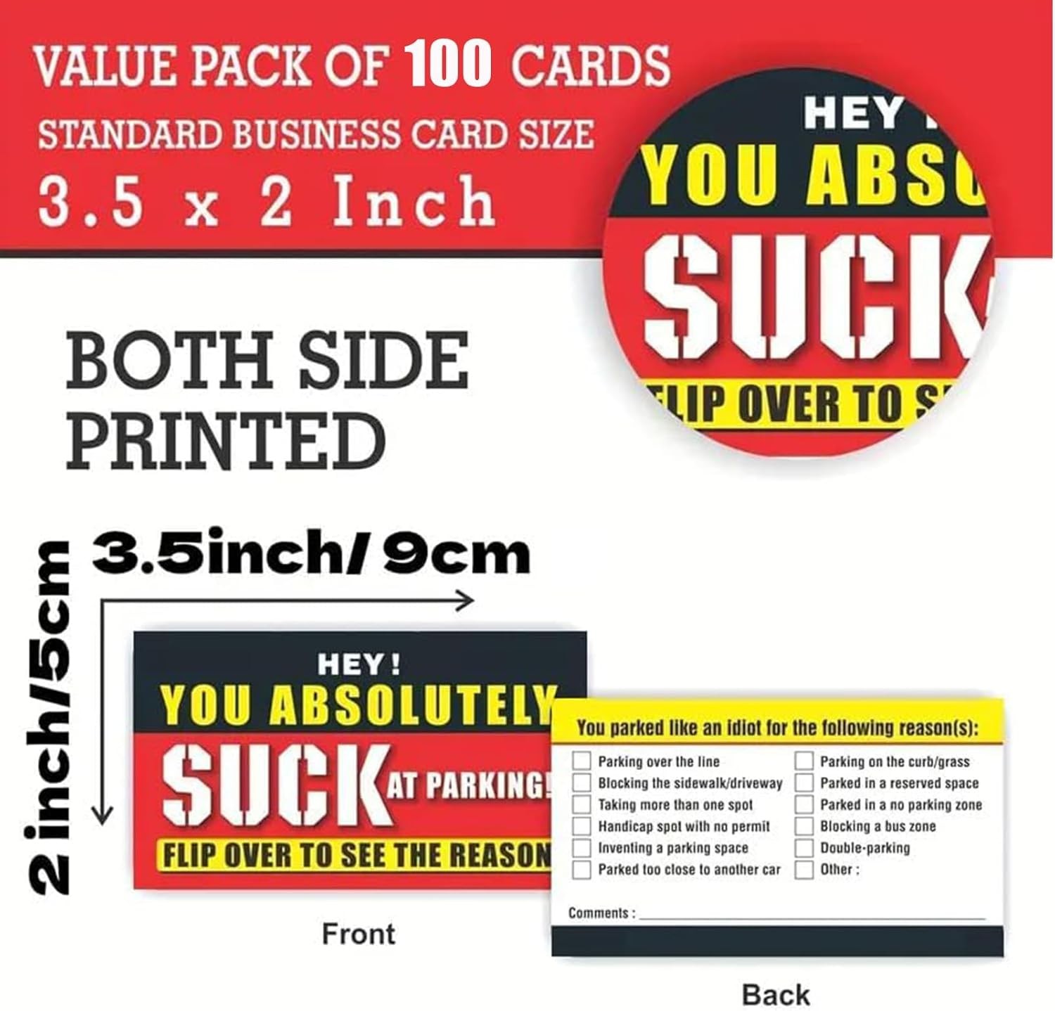 Bad Parking Cards – 100Pcs You Absolutely Suck At 3.5 » X 2 », Red