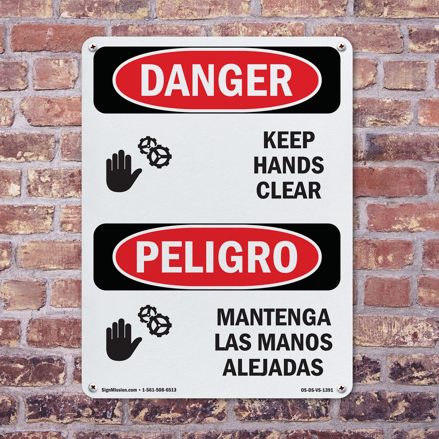Keep Hands Clear Bilingual OSHA Danger Sign Metal, Plastic, Decal 5 or 10 Pack