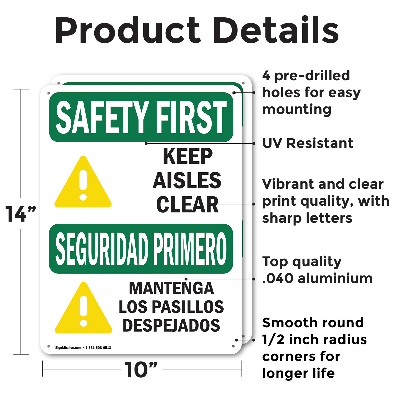 (2 Pack) Keep Aisles Clear Bilingual OSHA Safety First Sign Decal Metal Plastic