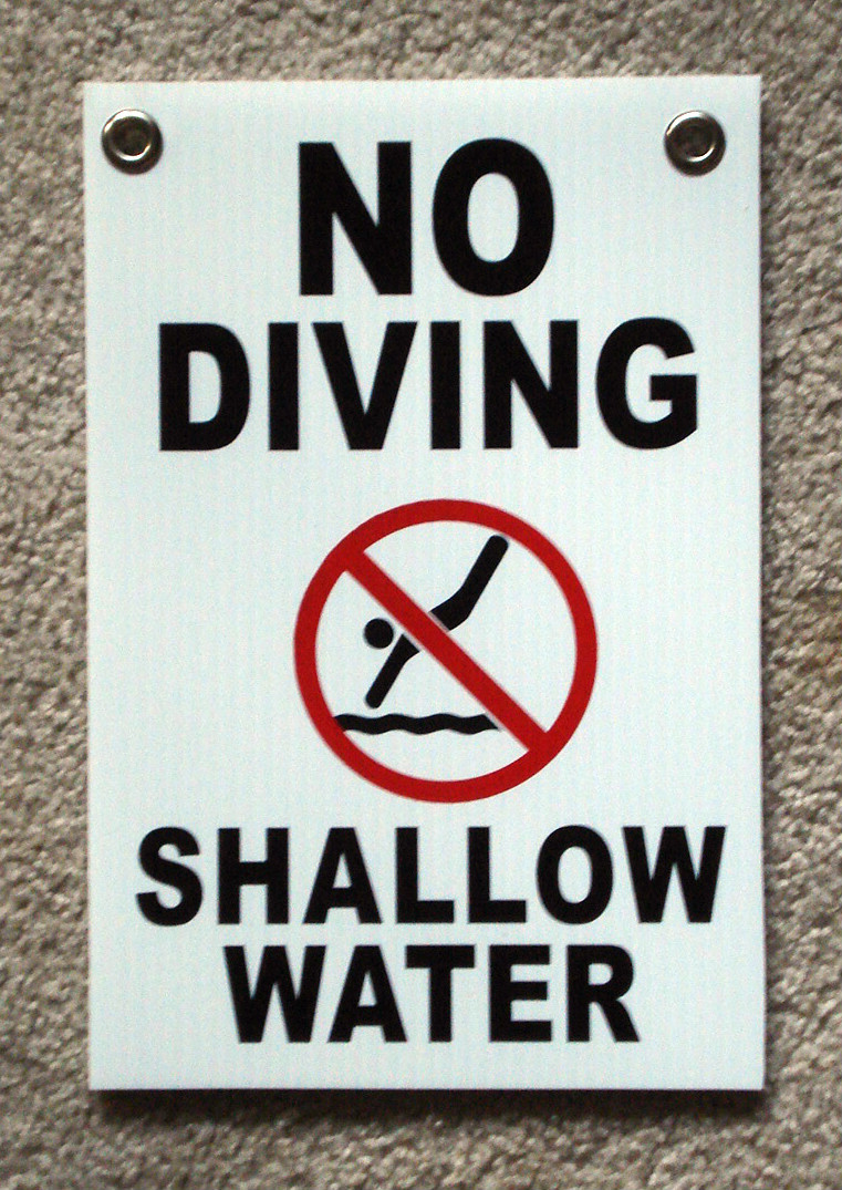 NO DIVING SHALLOW WATER w/ Symbol 8&Prime; x12&Prime; Plastic Coroplast Sign with Grommets