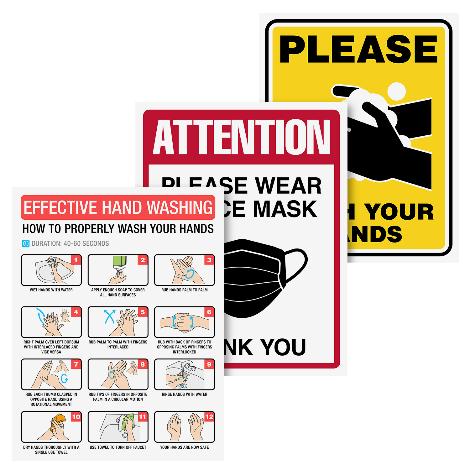 3-in-1 Hand Washing Hygiene Instructions Signs Set, Laminated, 8.5 x 11