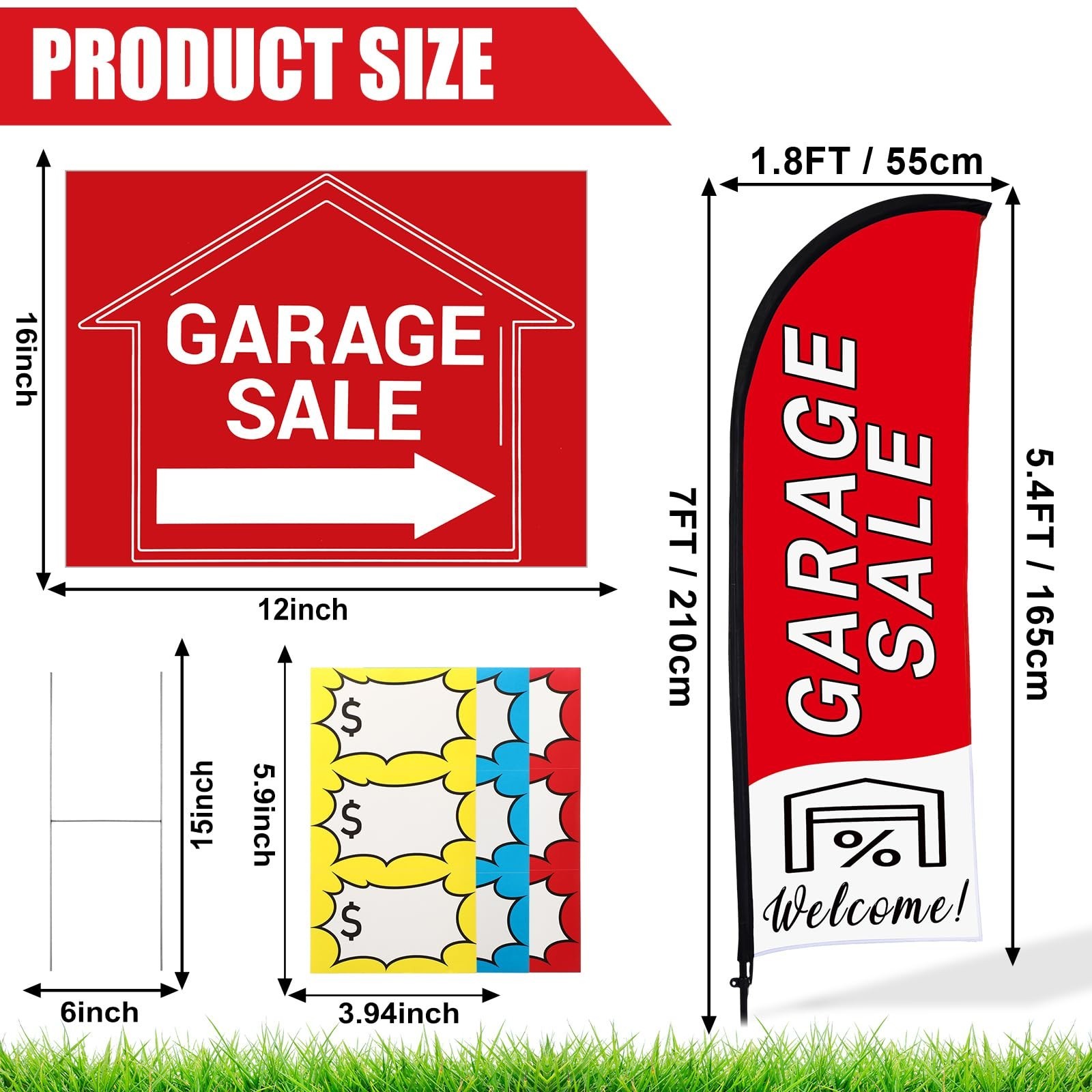 Garage Sale Signs Set with Flag & Poles, 3 Double-Sided Directional Arrows, 150