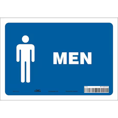 Condor 473Z03 Restroom Sign, Men, 10 In W X 7 In H, Vertical Rectangle, Vinyl,