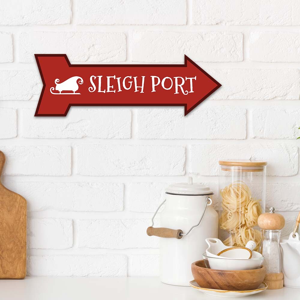 Arrow Shape Plus Sleigh Port 12×4&Prime; Wall or Door Sign | Christmas