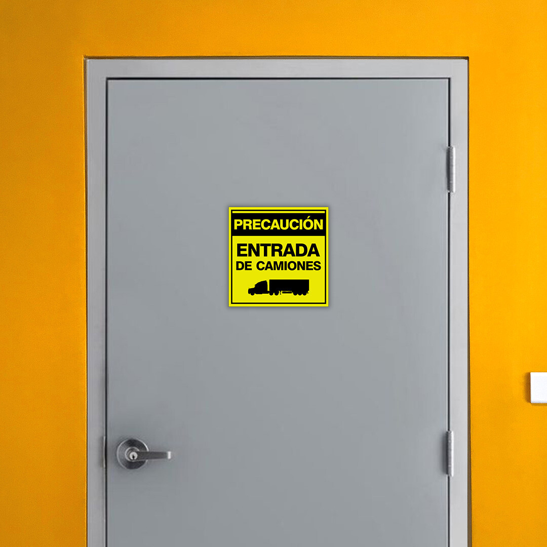 Square Plus Precaución Entrada De Camiones Wall or Door Sign | Spanish | Health
