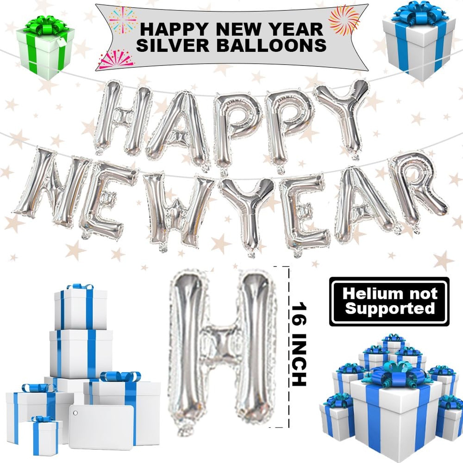 Silver New Year Letter Balloons NYE Balloon Banner for Happy New Year Backdro…