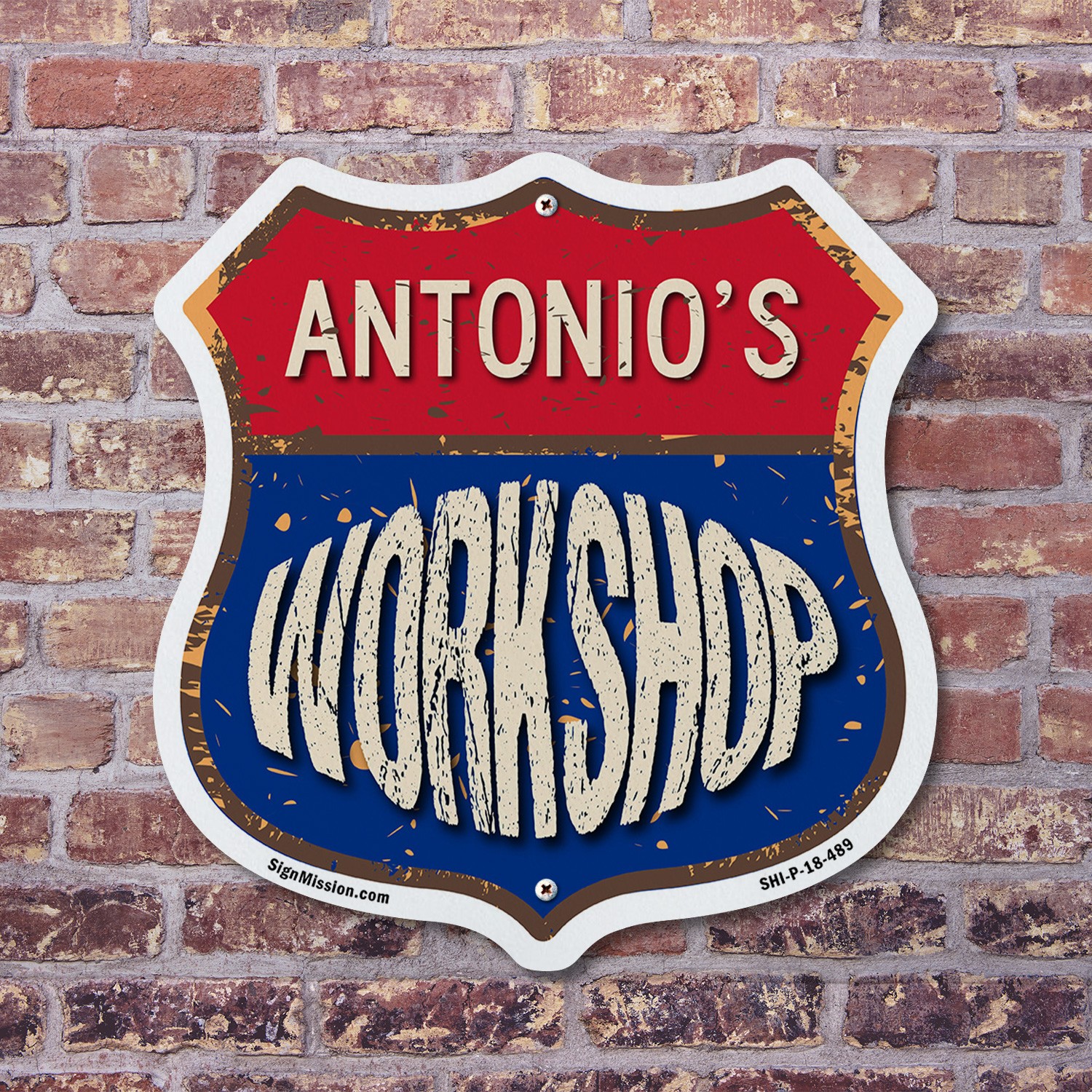 Antonio&rsquo;s Workshop Shield Shaped Sign Weather Resistant Crafted in the USA