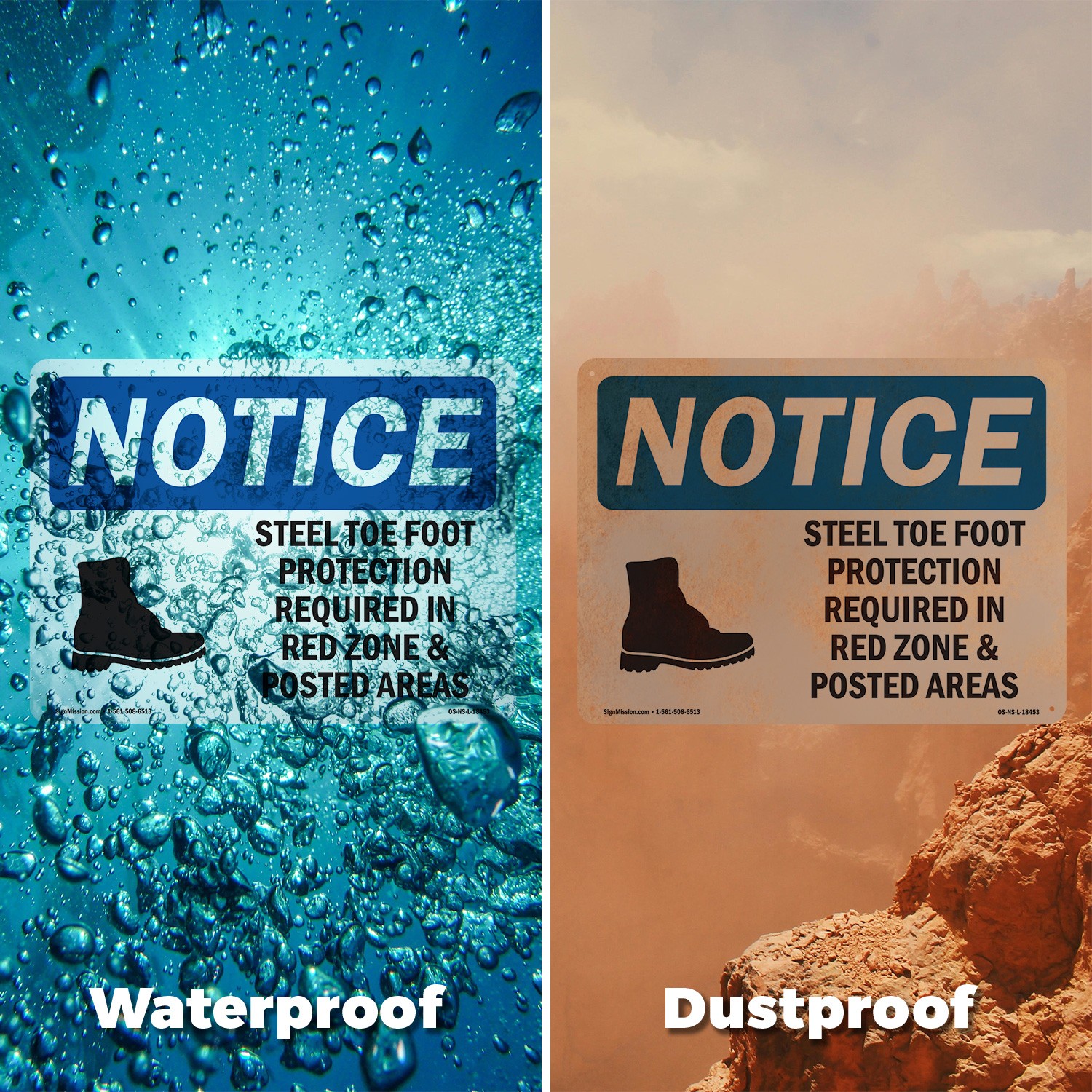 Steel Toe Foot Protection Required OSHA Notice Sign Metal, Decal – 5 or 10 Pack