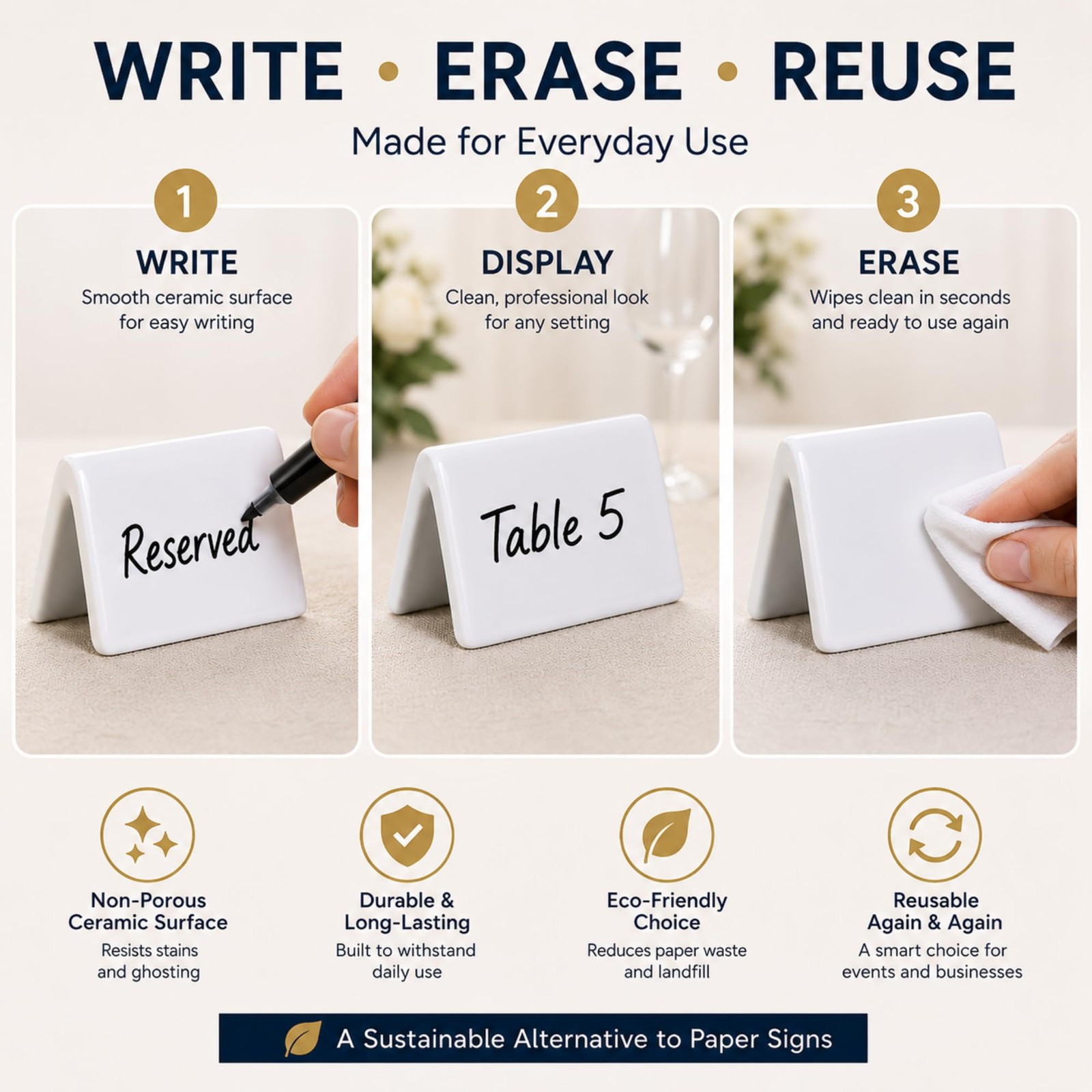 Double Sided Ceramic Dry Erase Table Tent Sign White – 3-1/2&Prime;x2&Prime; – Reusable T…