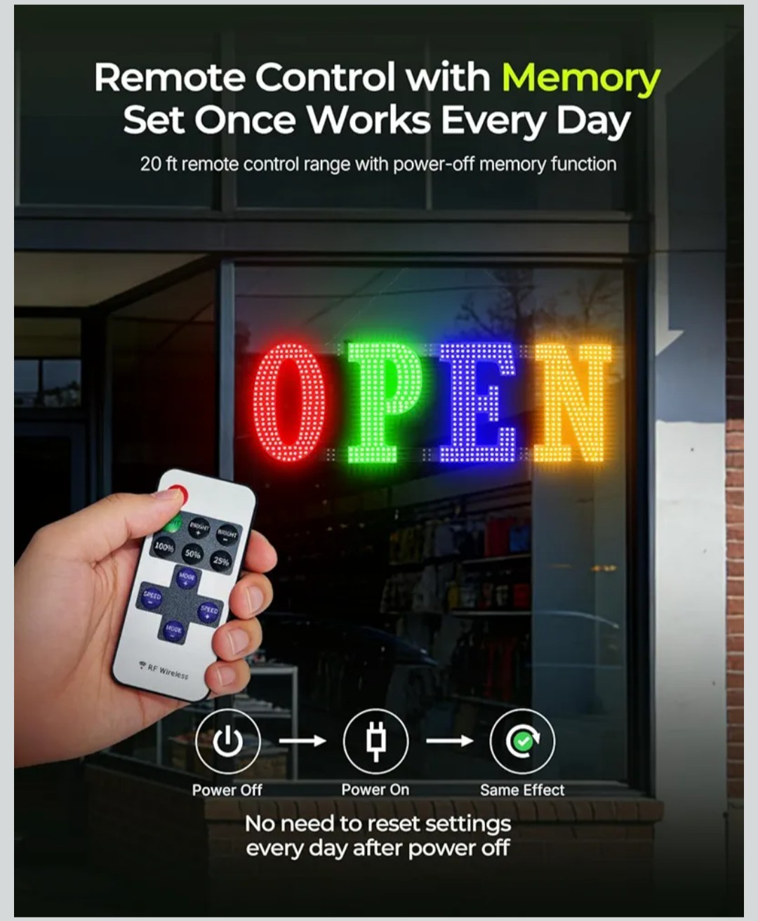 Multi-Color OPEN Sign, 40&Prime; x 14&Prime;, Adjustable Brightness & Flash Speed, Remote
