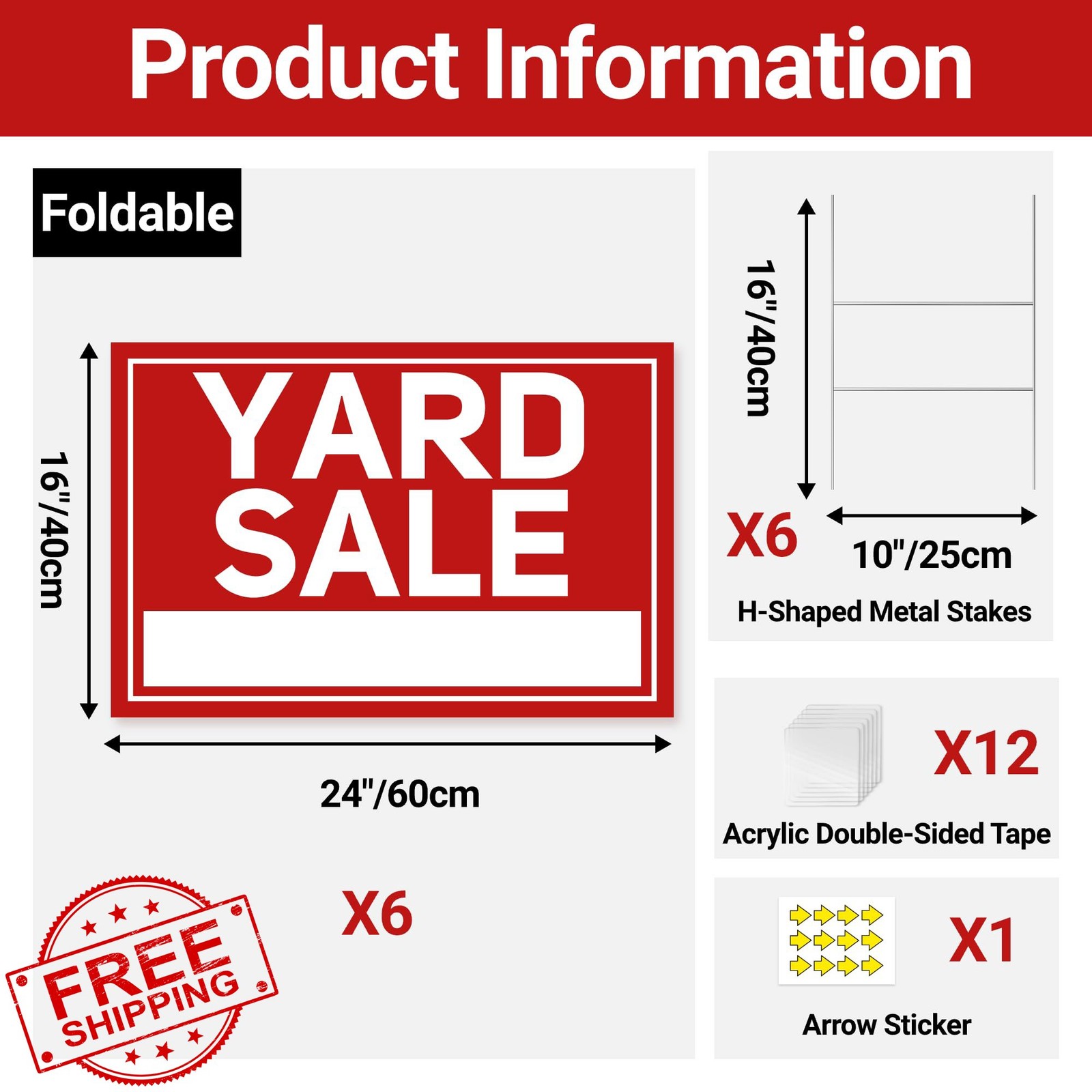 6pk Extra-Large Yard Sale Signs with Stakes Foldable Double-Sided