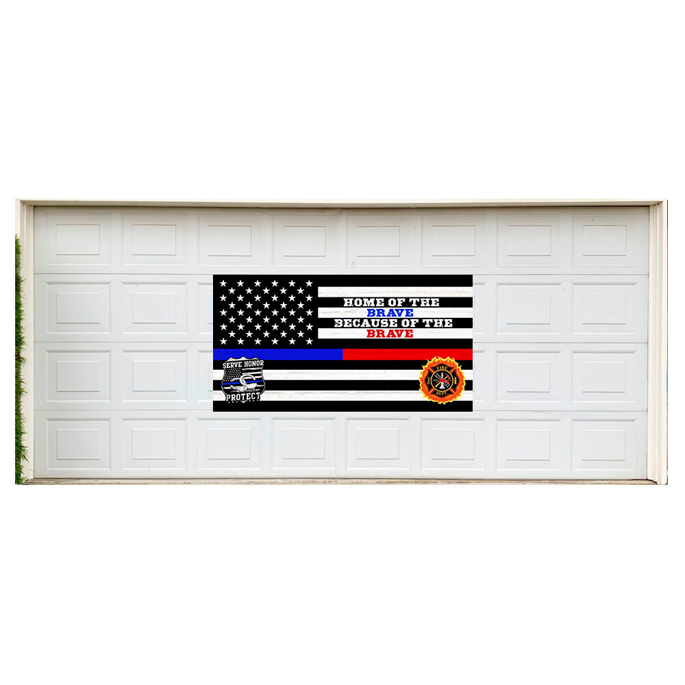 Thin Blue Red Line (Home of the Brave) 42&Prime; x 78&Prime; Magnetic Garage Banner For Stee