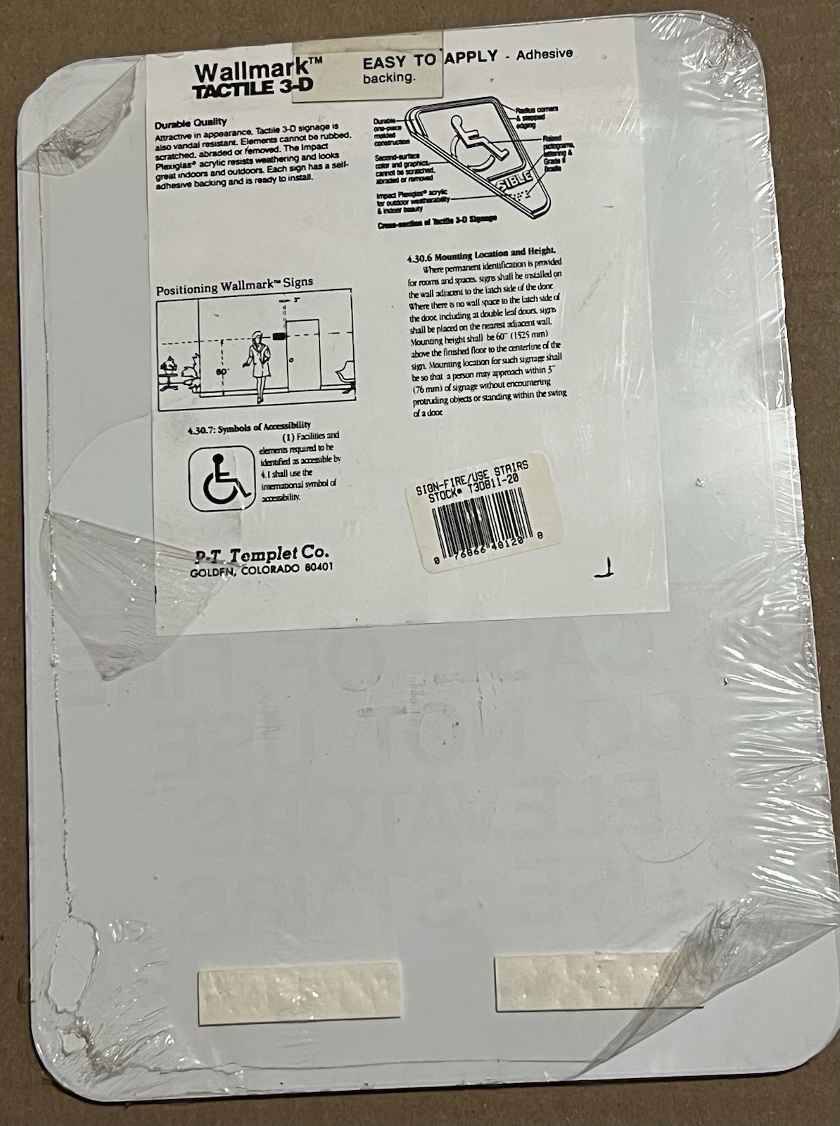 WallMark Tactile 3-D 8×11 In Case of Fire Use Stairs Not Elevator Sign NOS
