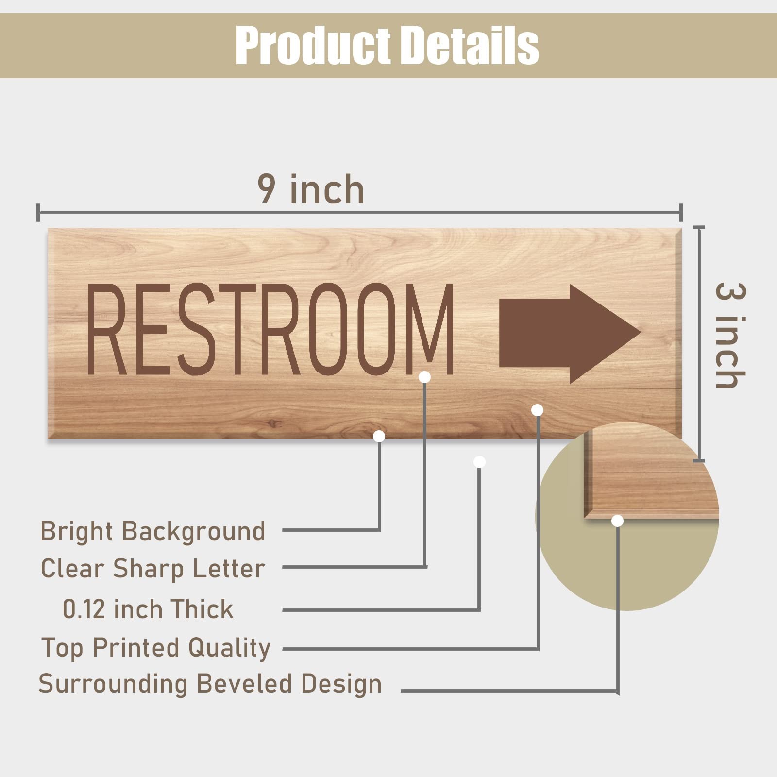 9×3 inch Wood Graining Acrylic Restroom Sign with Right Arrow Self-Stick