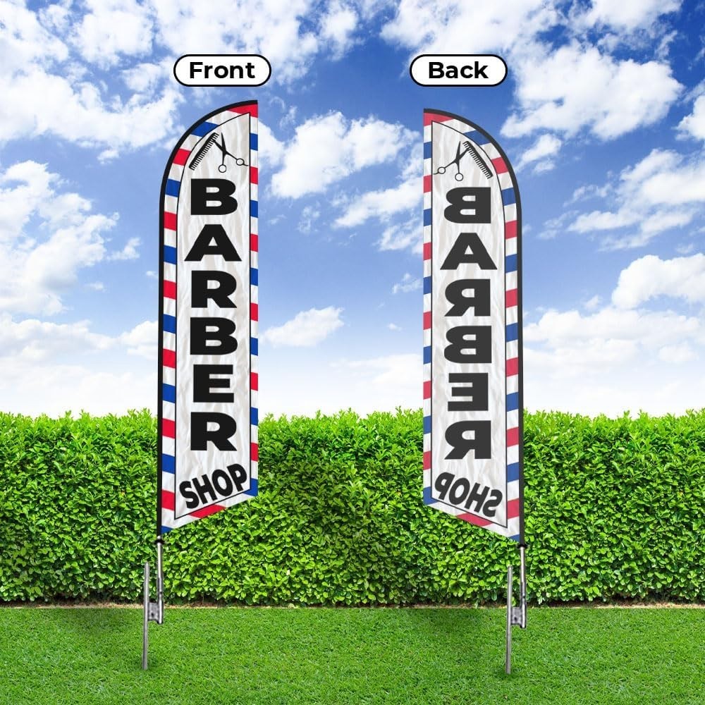 NEW Barber Shop Feather Flag 15ft Pole Ground Spike Business Banner White Set