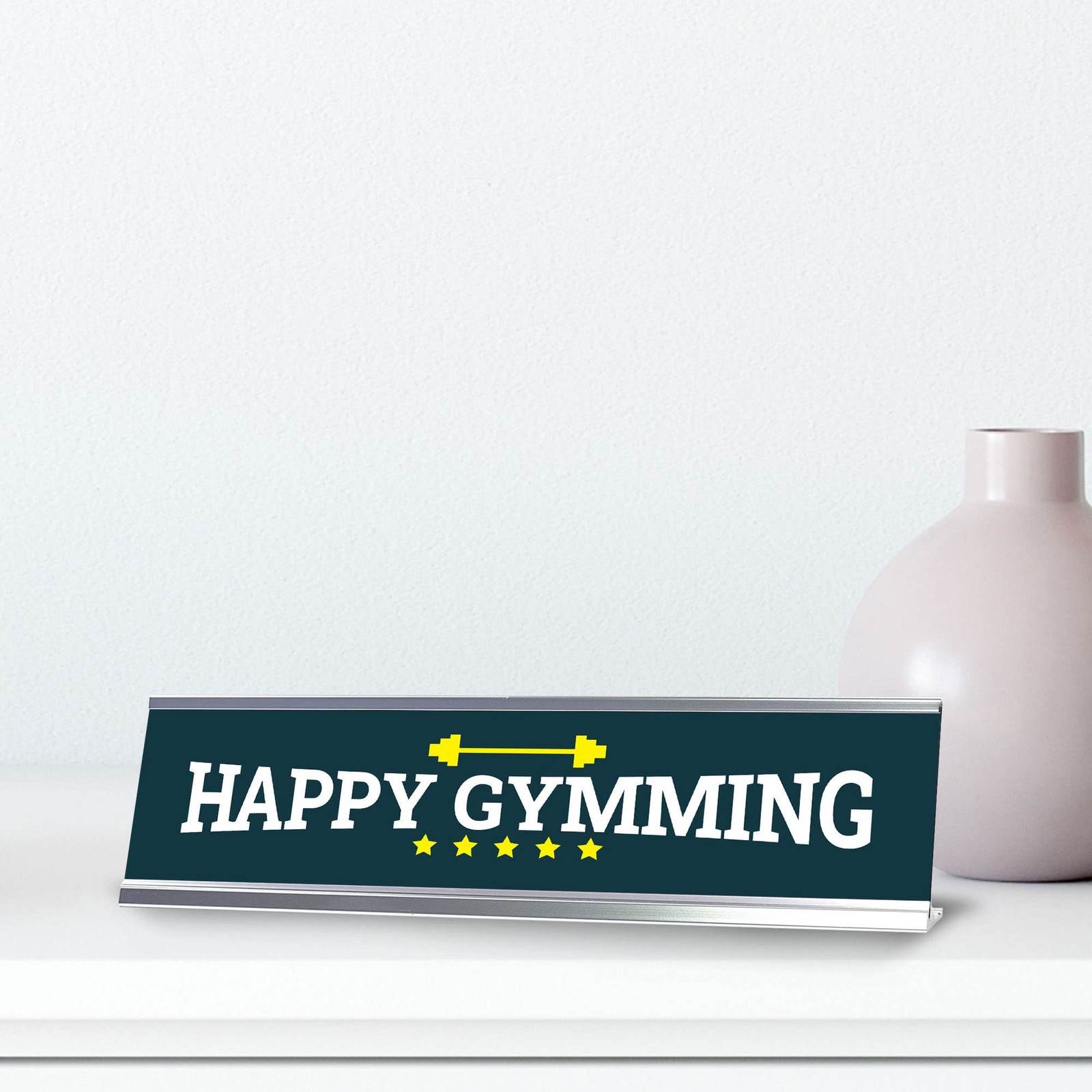 Signs ByLITA Happy Gymming, Silver Frame, Gym Desk Sign (2×8)