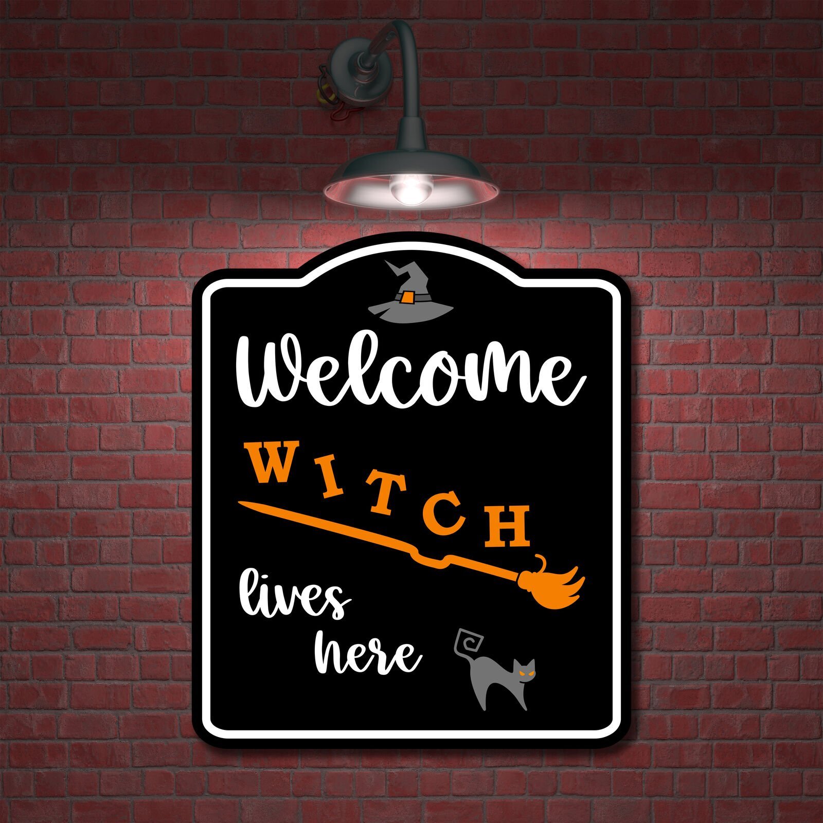 Welcome Witch Lives Here Orange Broom BLACK Aluminum Composite Sign