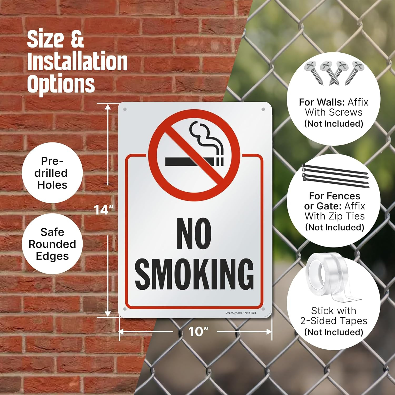 14 x 10 inch “No Smoking” Metal Sign with Symbol, Screen Printed, 40 mil Laminat
