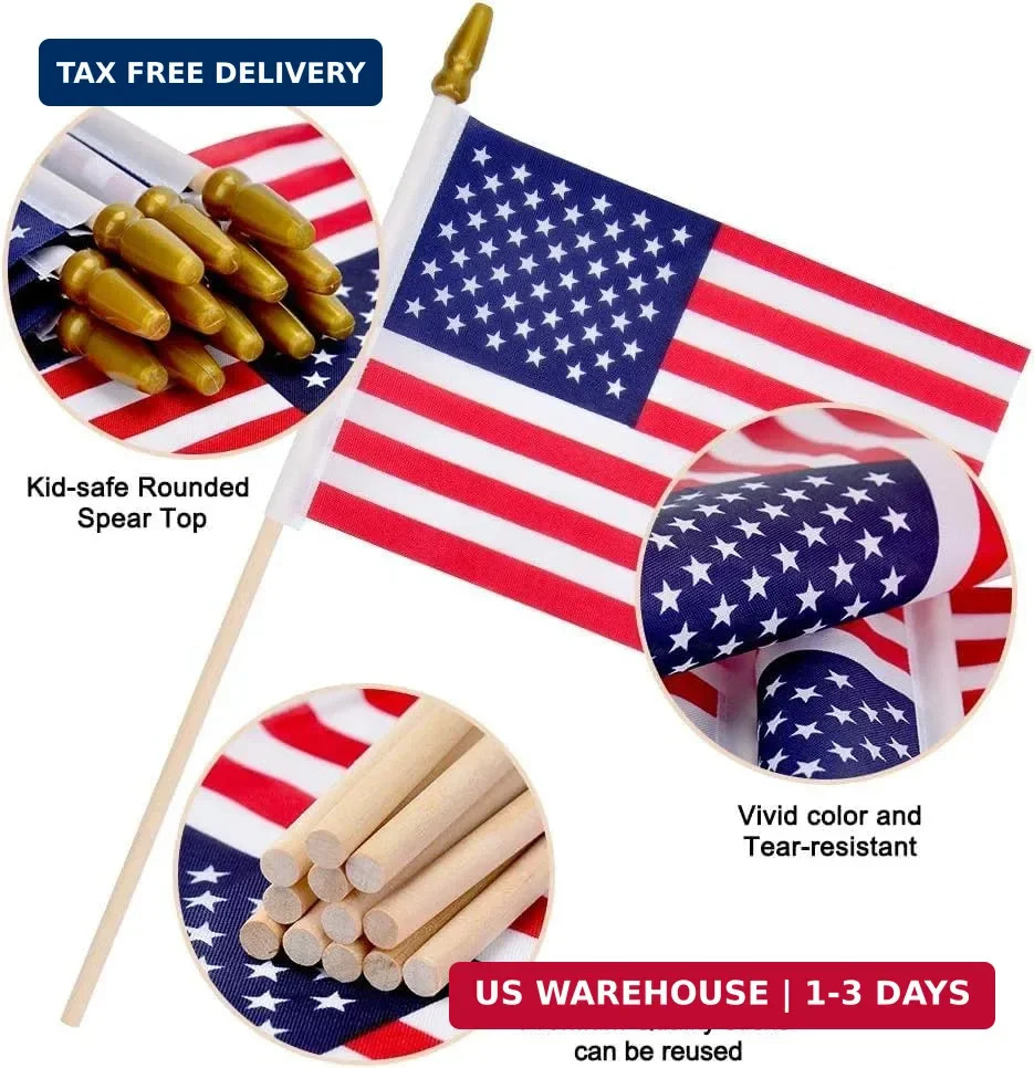 100 Pack 5×8 Inch Small American Flags on Stick,Mini/US Handheld Stick Flags wit