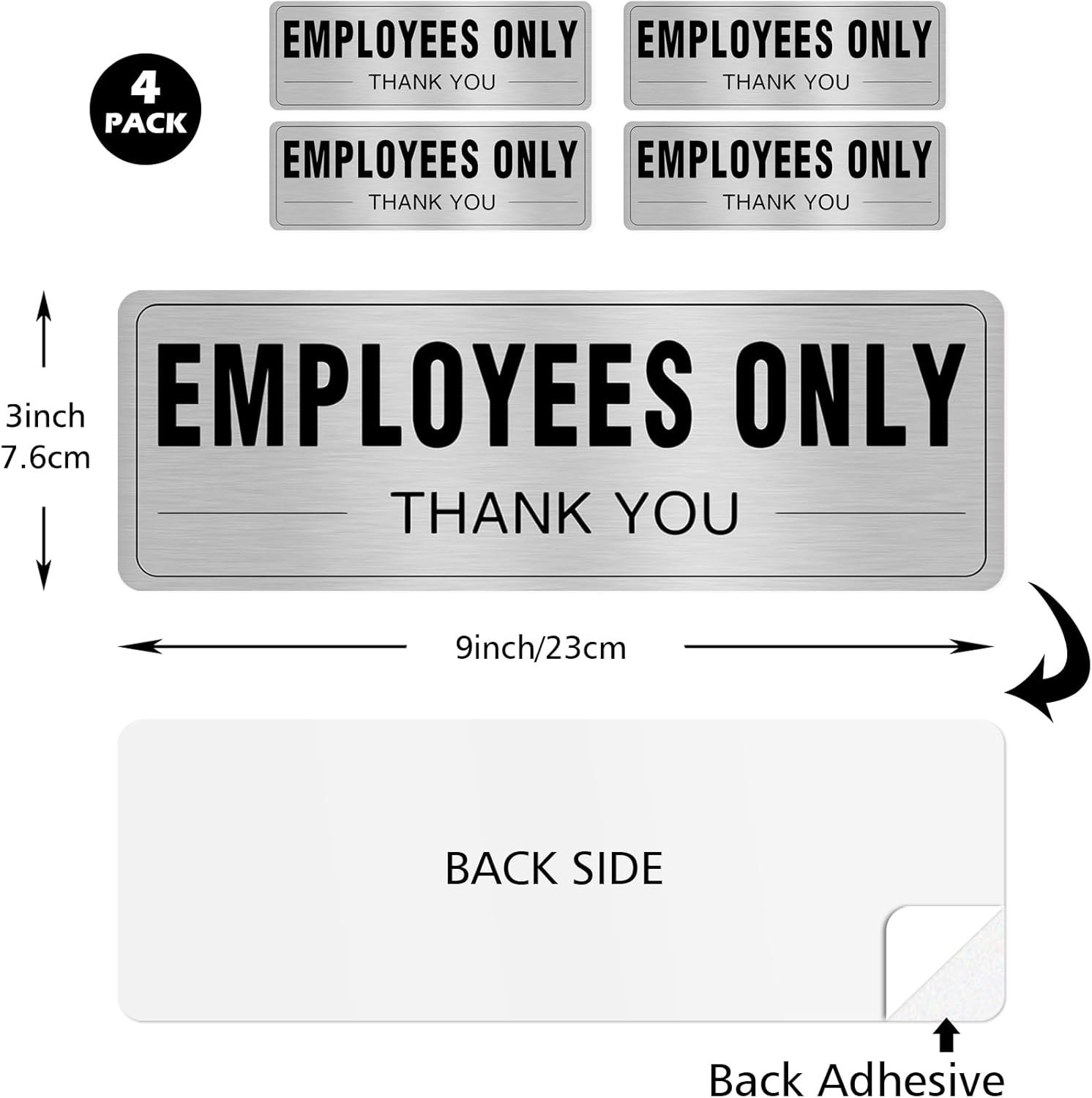 Employees Only 9×3 Inch Aluminum Silver Sign Self-Adhesive Metal Signs – 4pcs