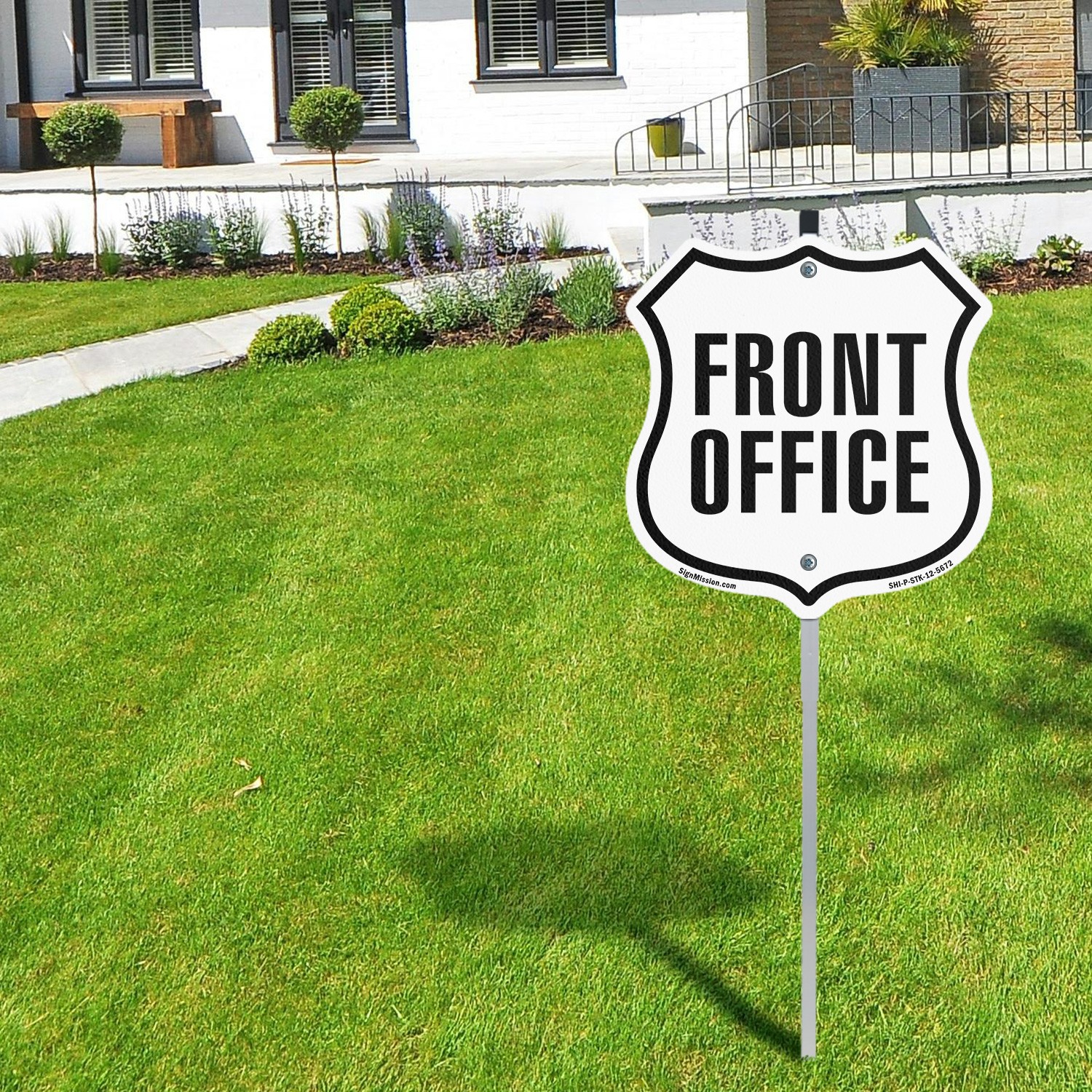 Front Office Shield Shaped Sign With Stake Weather Resistant Crafted in the USA