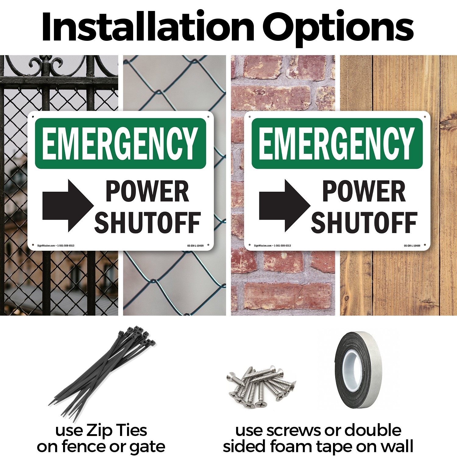 Power Shutoff [Right Arrow] With Symbol OSHA Emergency Sign, Decal 5 or 10 Pack