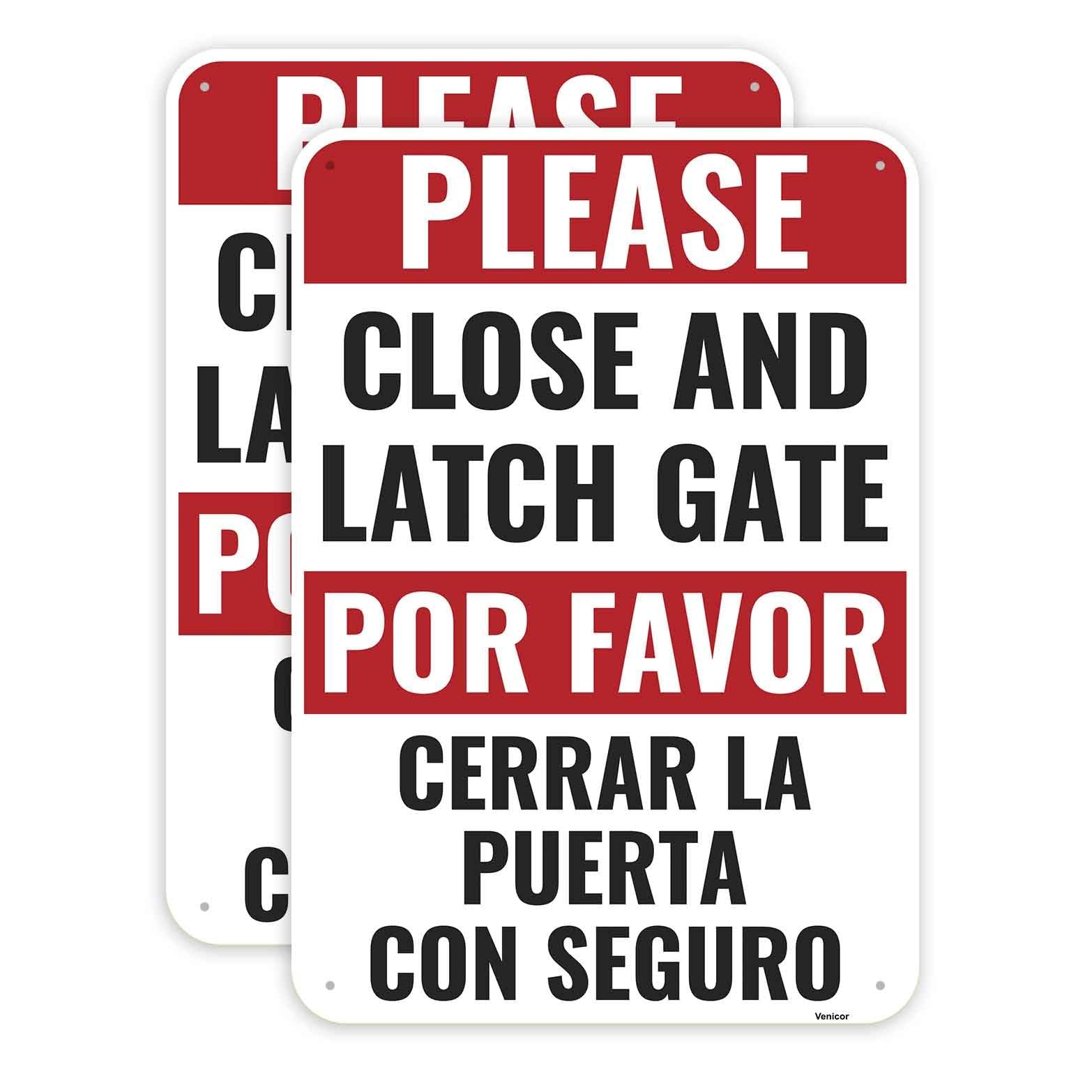 2 PCS Close And Latch Gate Bilingual Spanish Aluminum Sign 10×7 Inch Safe