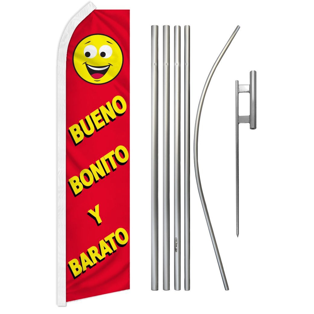 « BUENO BONITO Y BARATO » Advertising Super Flag & Pole Kit good pretty & cheap
