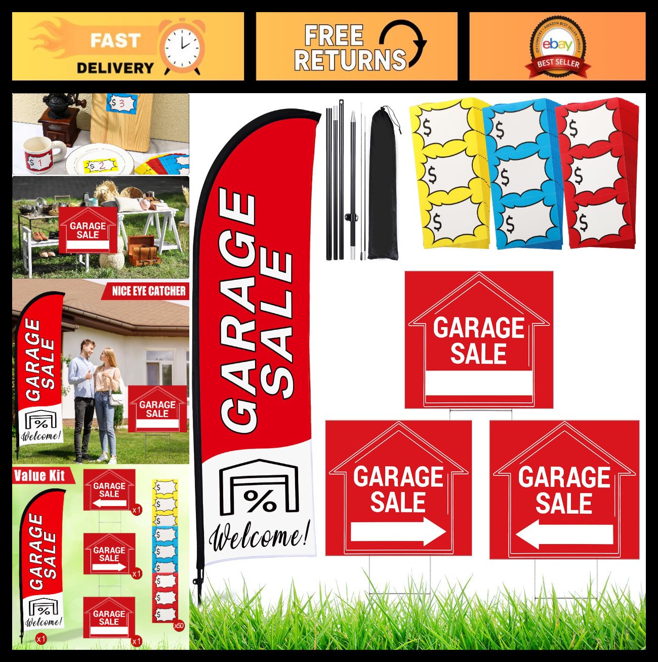 Garage Sale Signs Set with Flag & Poles, 3 Double-Sided Directional Arrows, 150