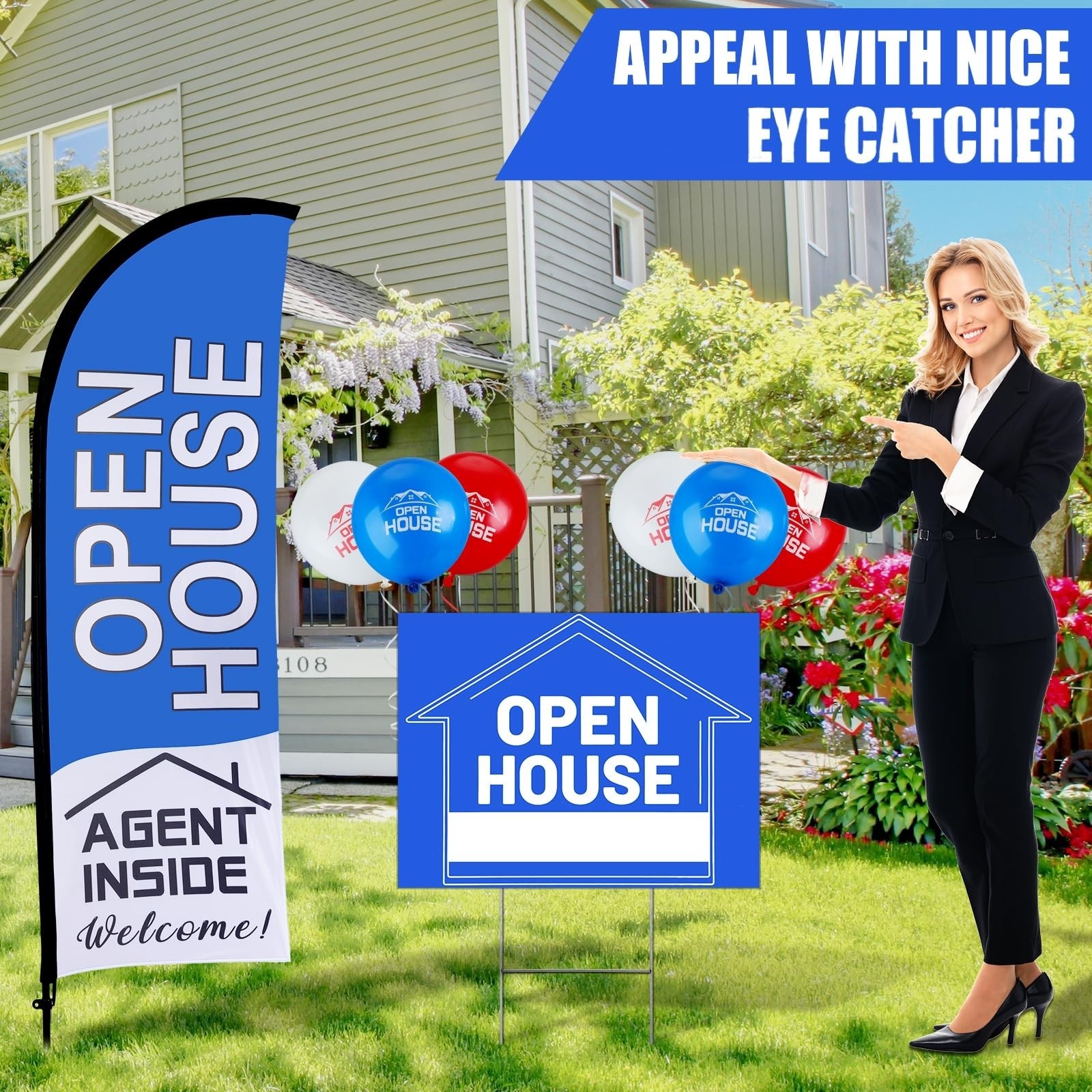 Open House Sign Set – 36 Pcs, Yard Flag Kit, Directional Arrows & Balloons