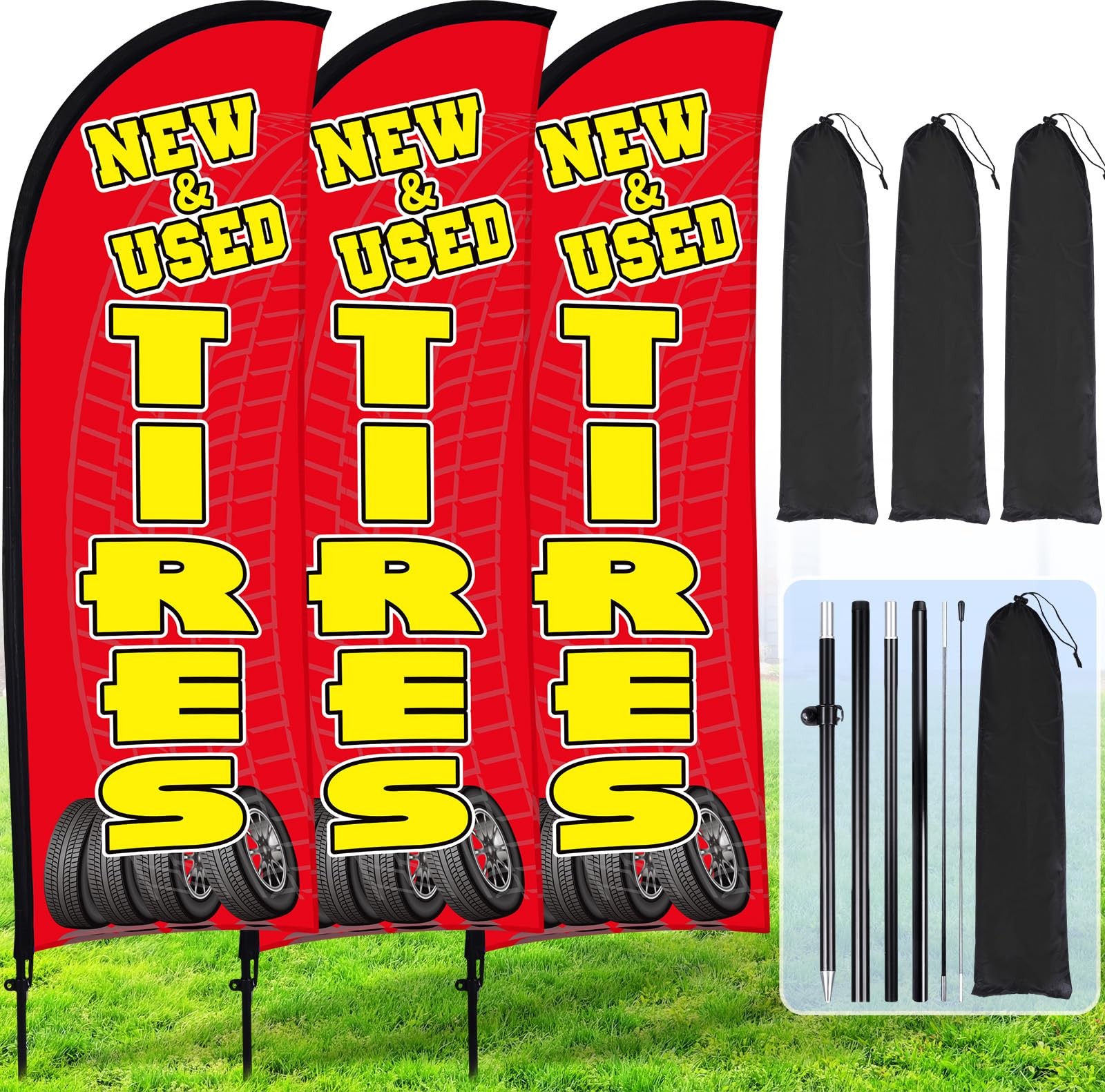3 Sets Tires Feather Flags with Poles 7ft New and Use Tires Flags for Busines…