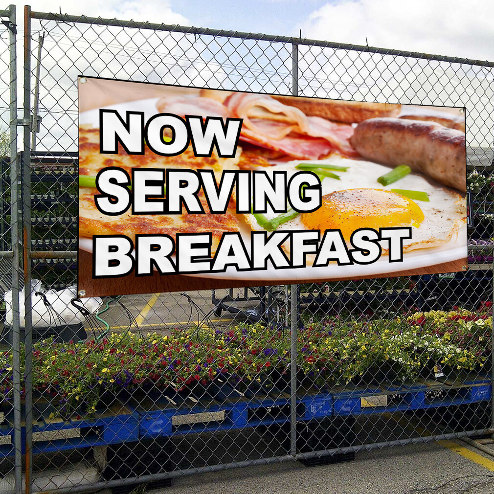 Vinyl Banner Multiple Sizes Now Serving Breakfast Business D Lifestyle Outdoor