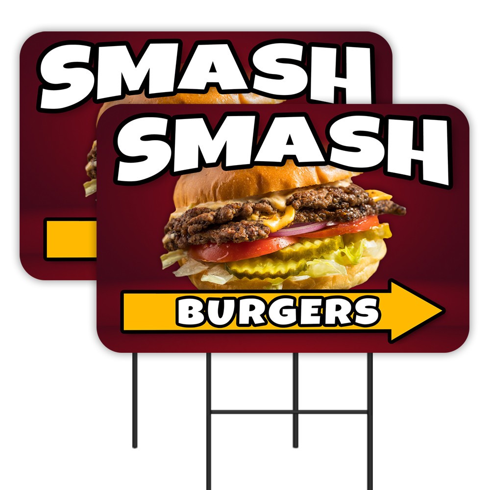 Smash Burgers 2 Pack Double-Sided Yard Signs 16&Prime; x 24&Prime; with Metal Stakes (Made i