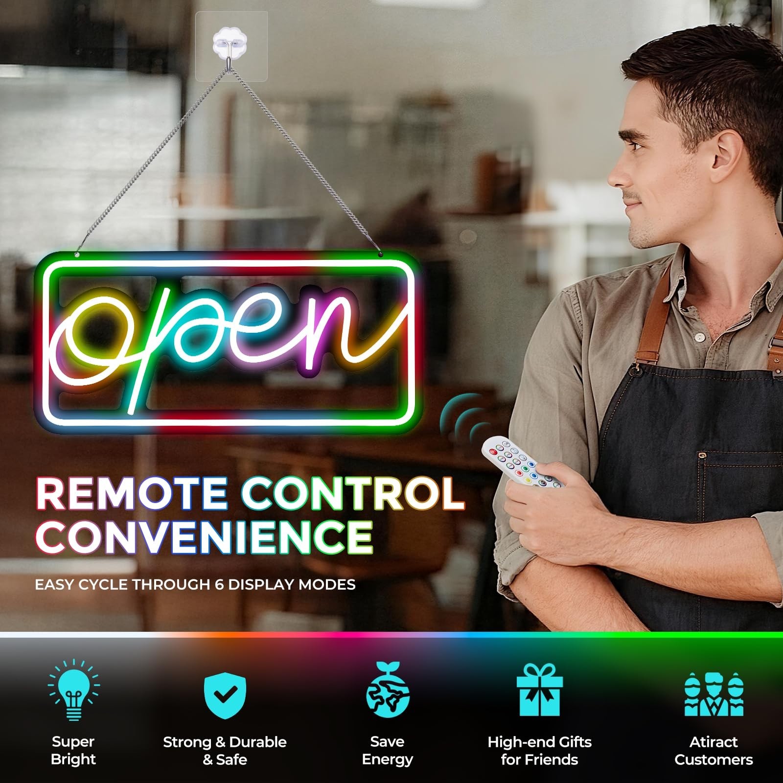 Colorful LED Open Sign with Remote Control – Bright Business Display for Shops,